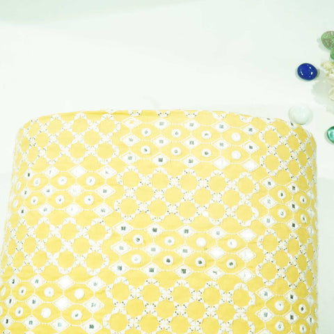 Yellow Mirror Work Russian Silk Fabric 1001 DR-17869