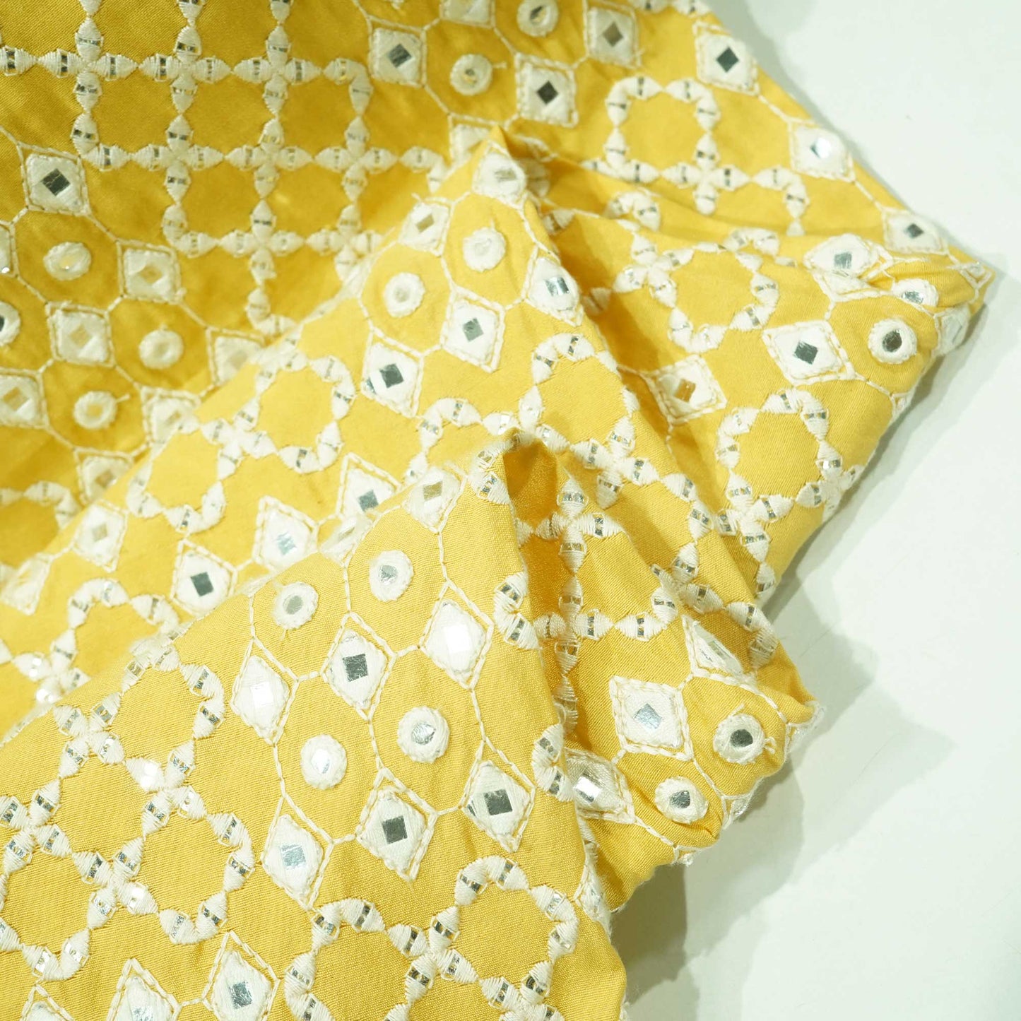 Yellow Mirror Work Russian Silk Fabric 1001 DR-17869