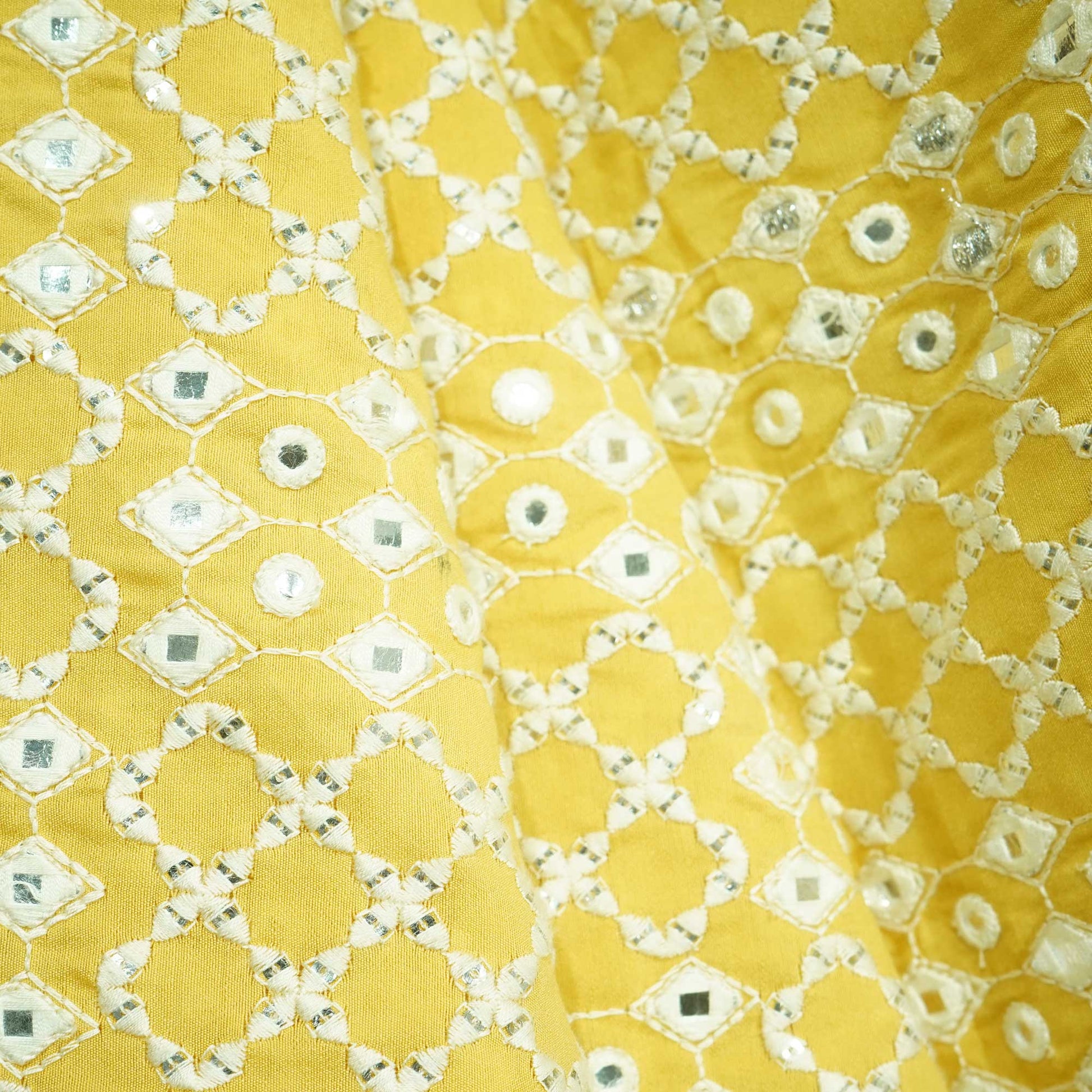 Yellow Mirror Work Russian Silk Fabric 1001 DR-17869
