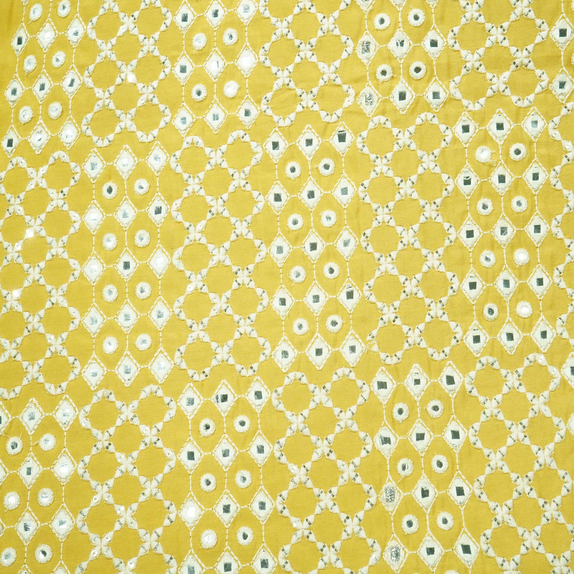 Yellow Mirror Work Russian Silk Fabric 1001 DR-17869