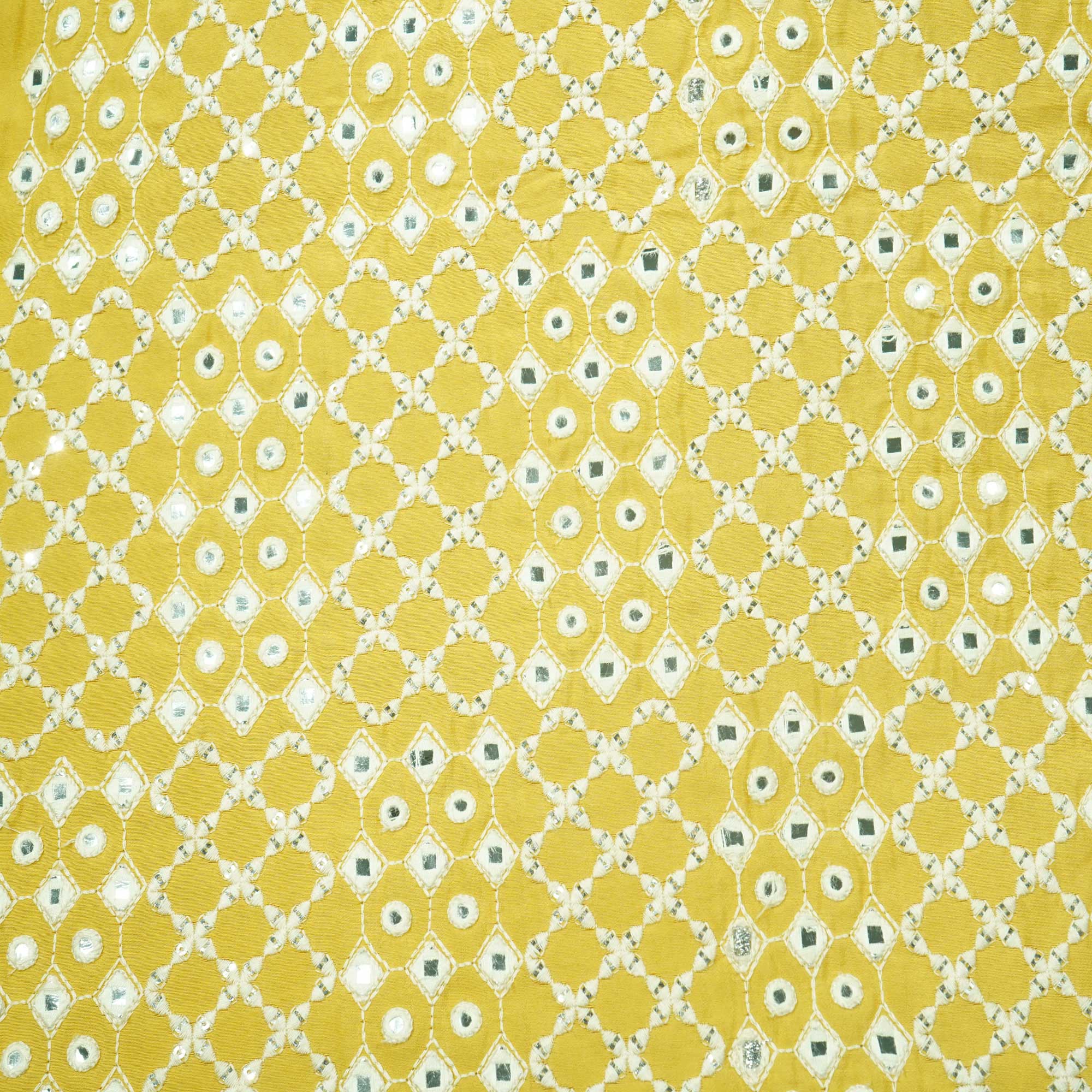 Yellow Mirror Work Russian Silk Fabric 1001 DR-17869