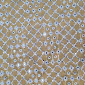Yellow Mirror Work Russian Silk Fabric 17869