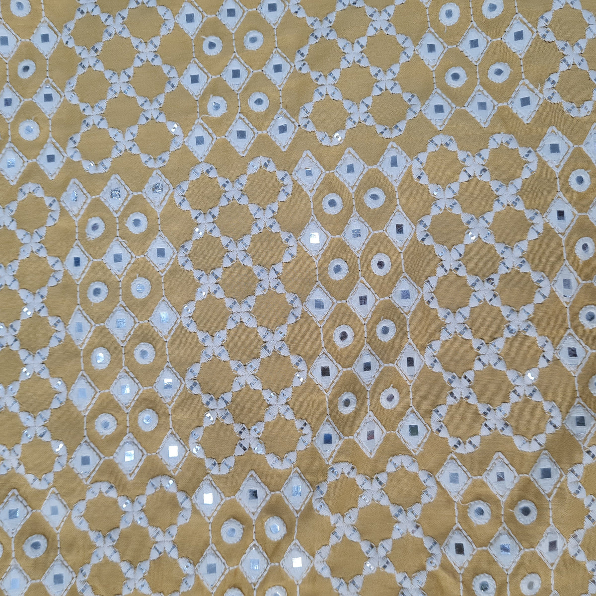 Yellow Mirror Work Russian Silk Fabric 17869