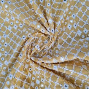 Yellow Mirror Work Russian Silk Fabric 17869
