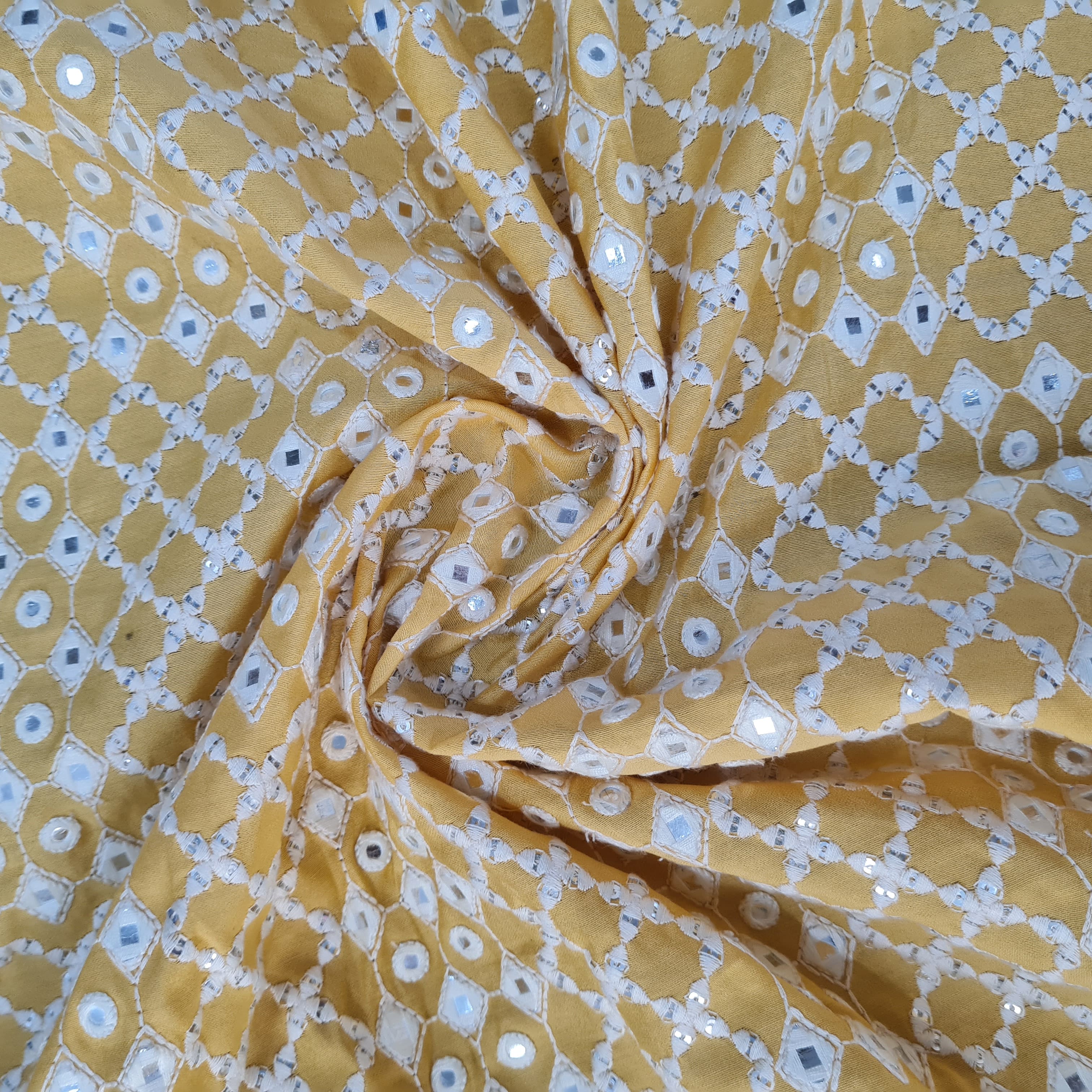 Yellow Mirror Work Russian Silk Fabric 17869