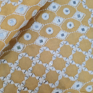 Yellow Mirror Work Russian Silk Fabric 17869