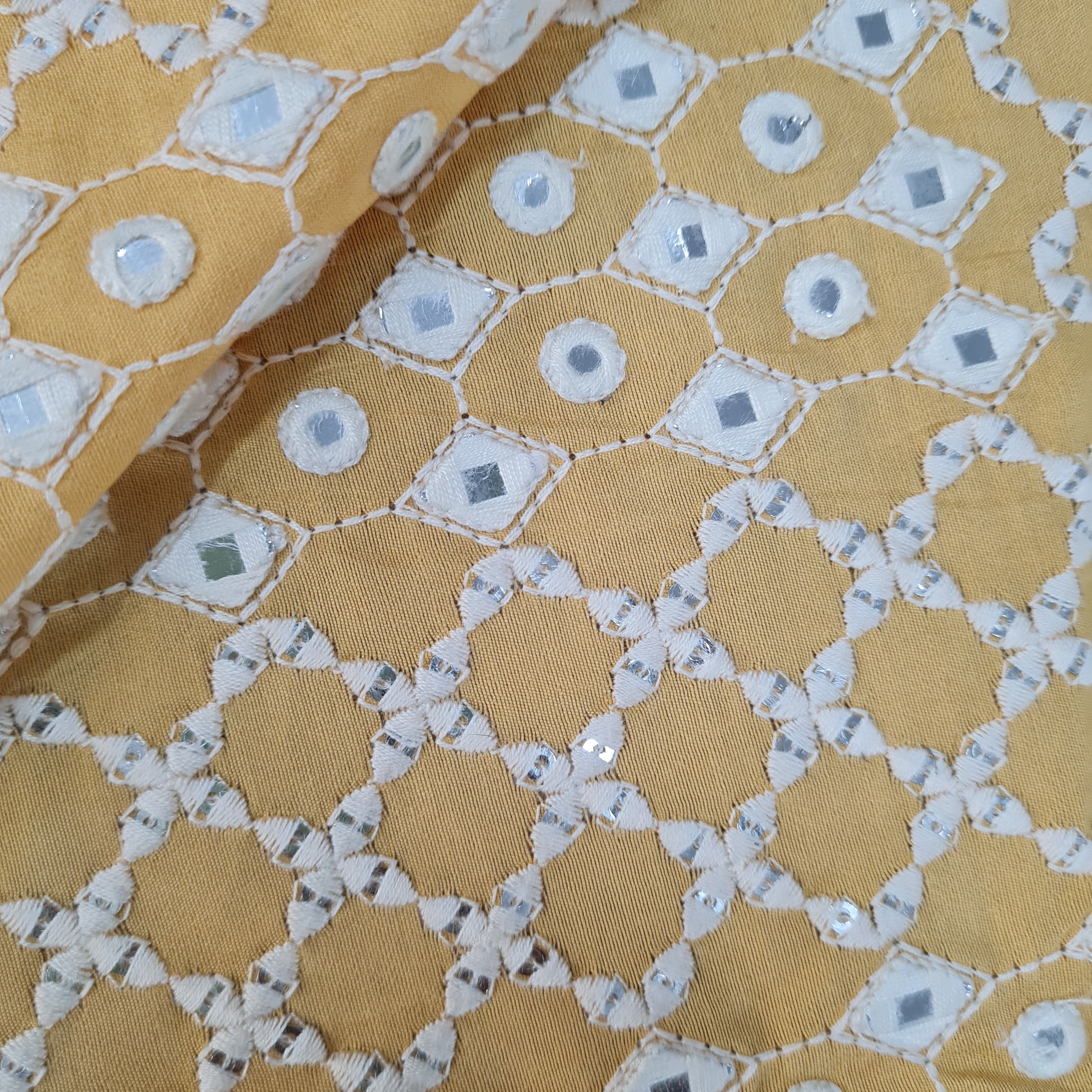 Yellow Mirror Work Russian Silk Fabric 17869