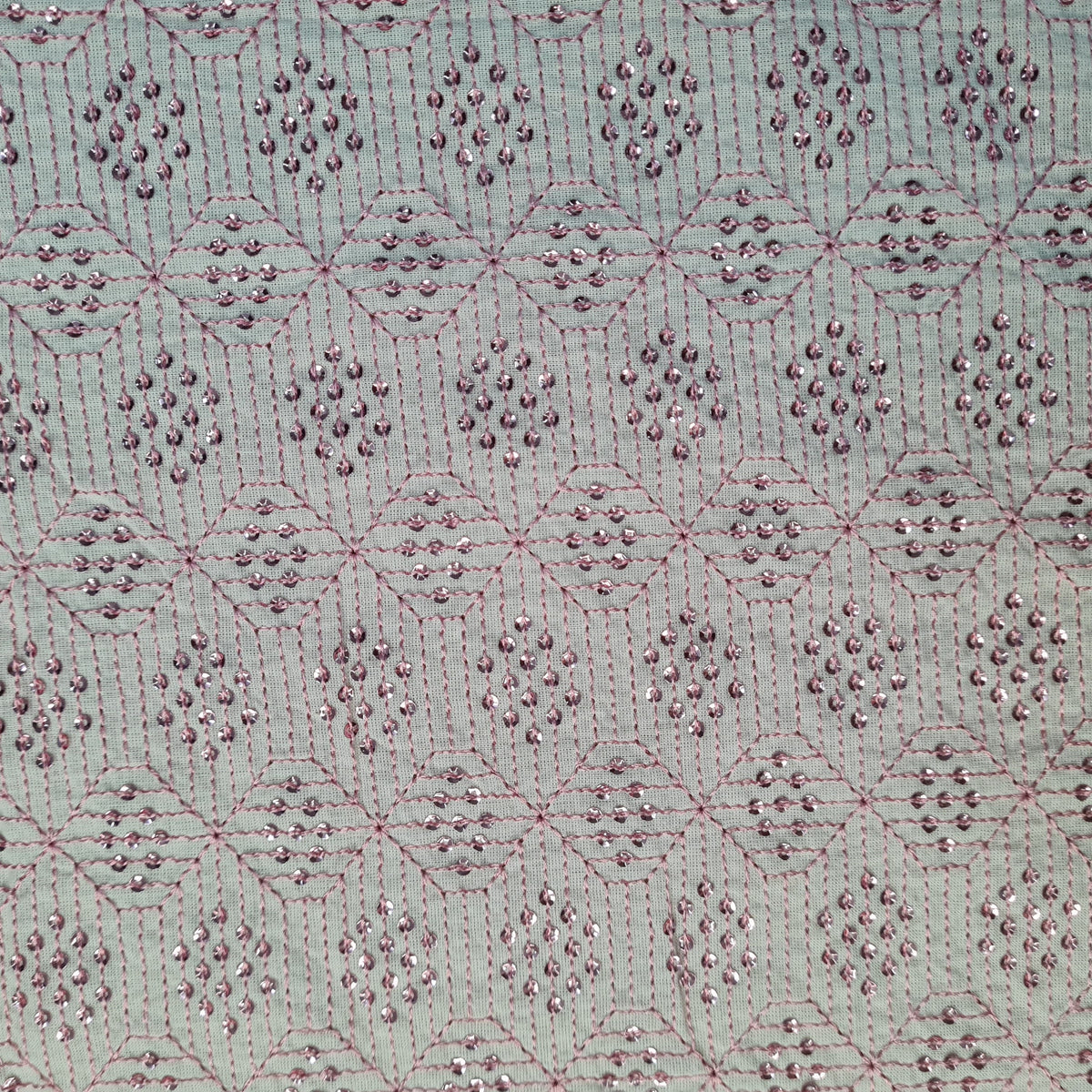 Off White and Pink Sequins Embroidery Cotton Fabric 17873