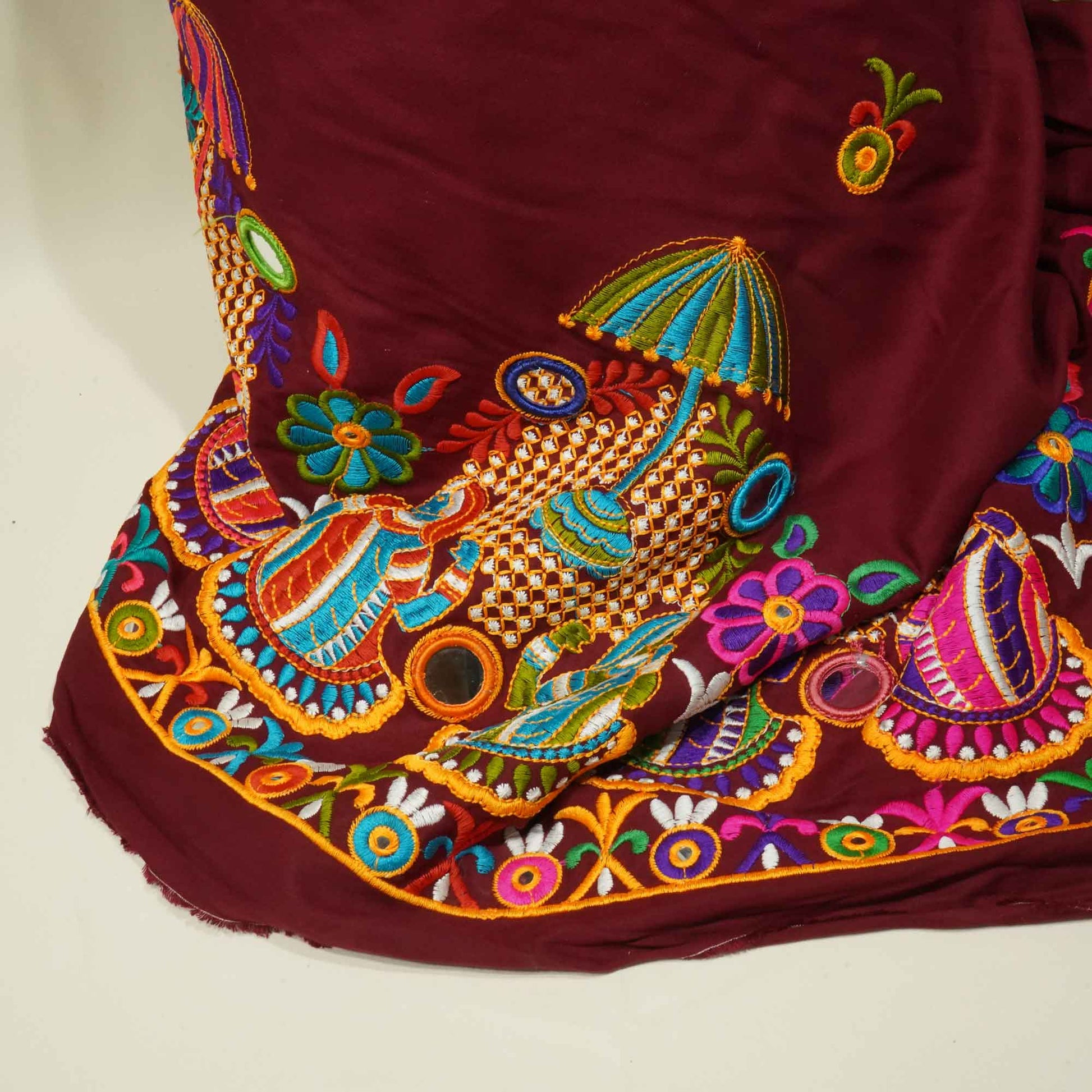 Maroon Gamthi Mirror Embroidery Mulmul Fabric 285 RC-17940