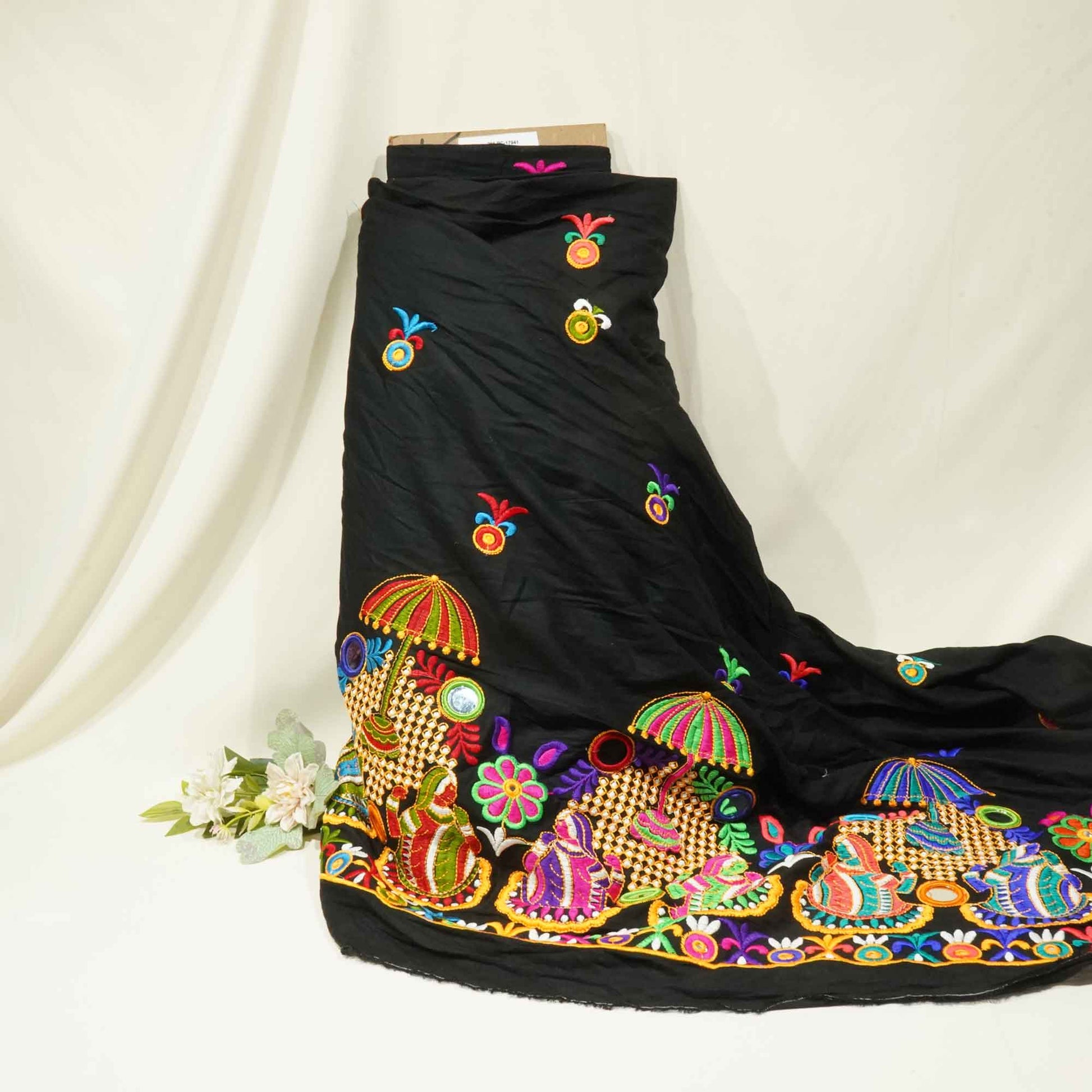 Black Gamthi Mirror Embroidery Mulmul Fabric 285 RC-17941