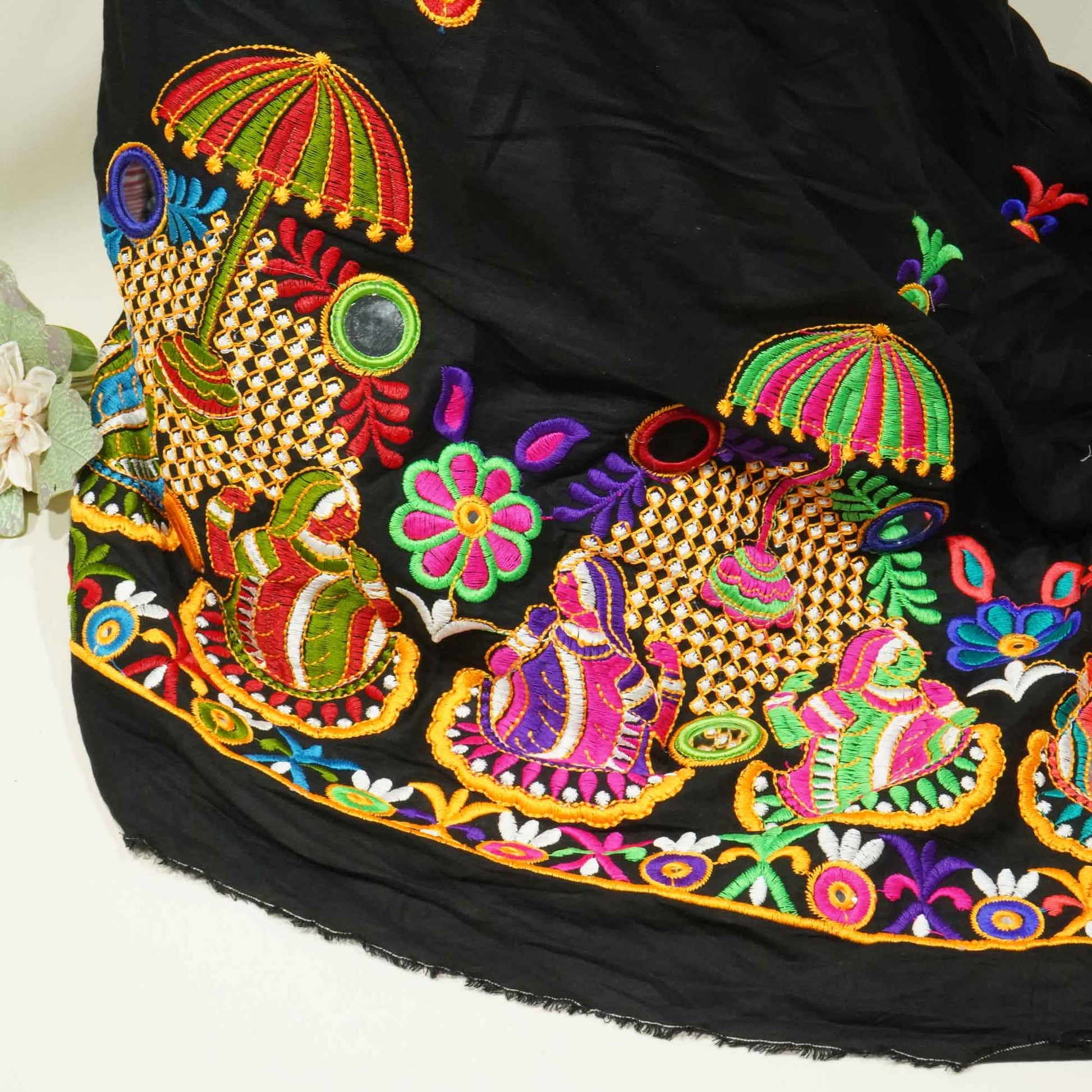 Black Gamthi Mirror Embroidery Mulmul Fabric 285 RC-17941
