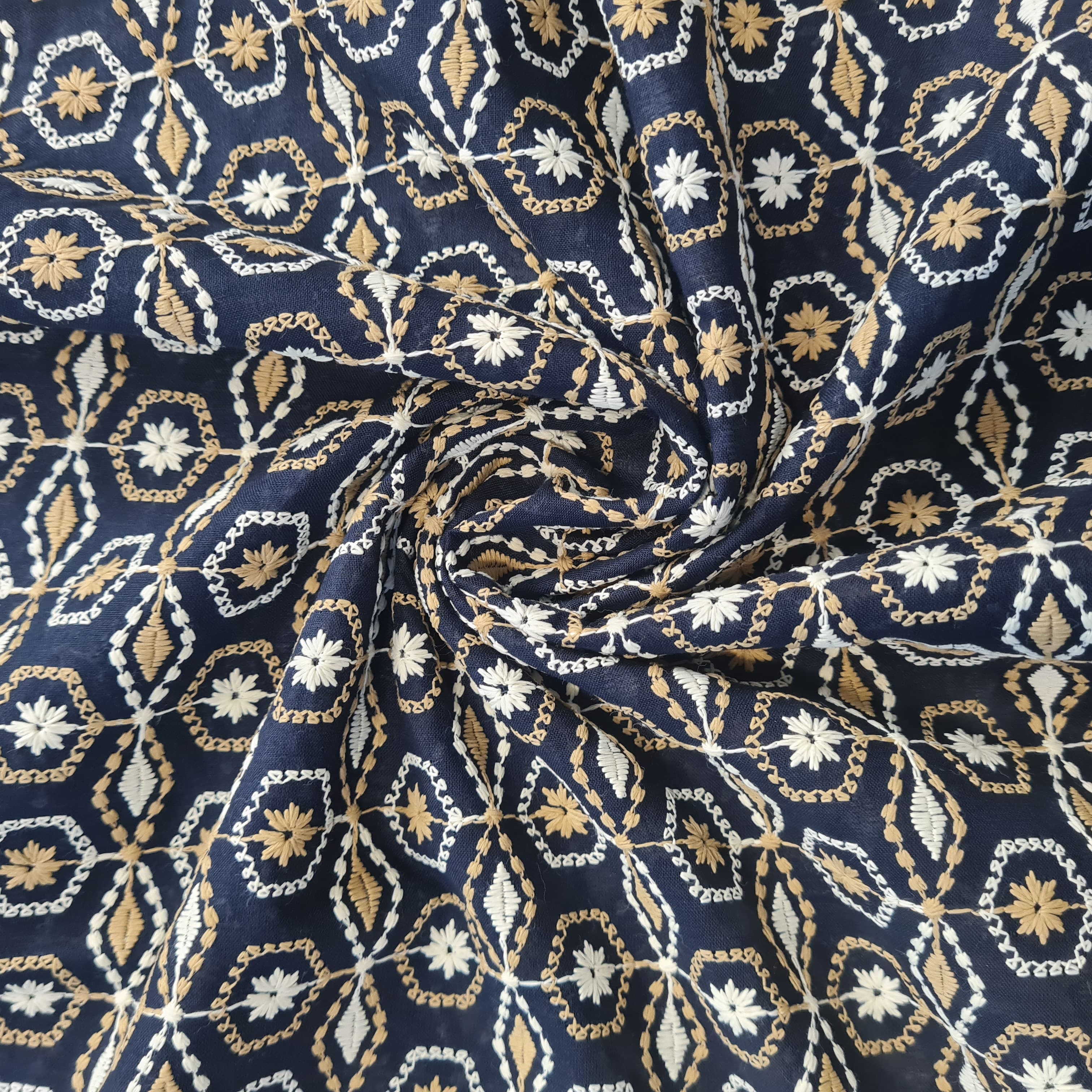 Navy Blue Thread Embroidery Cotton Fabric 17998