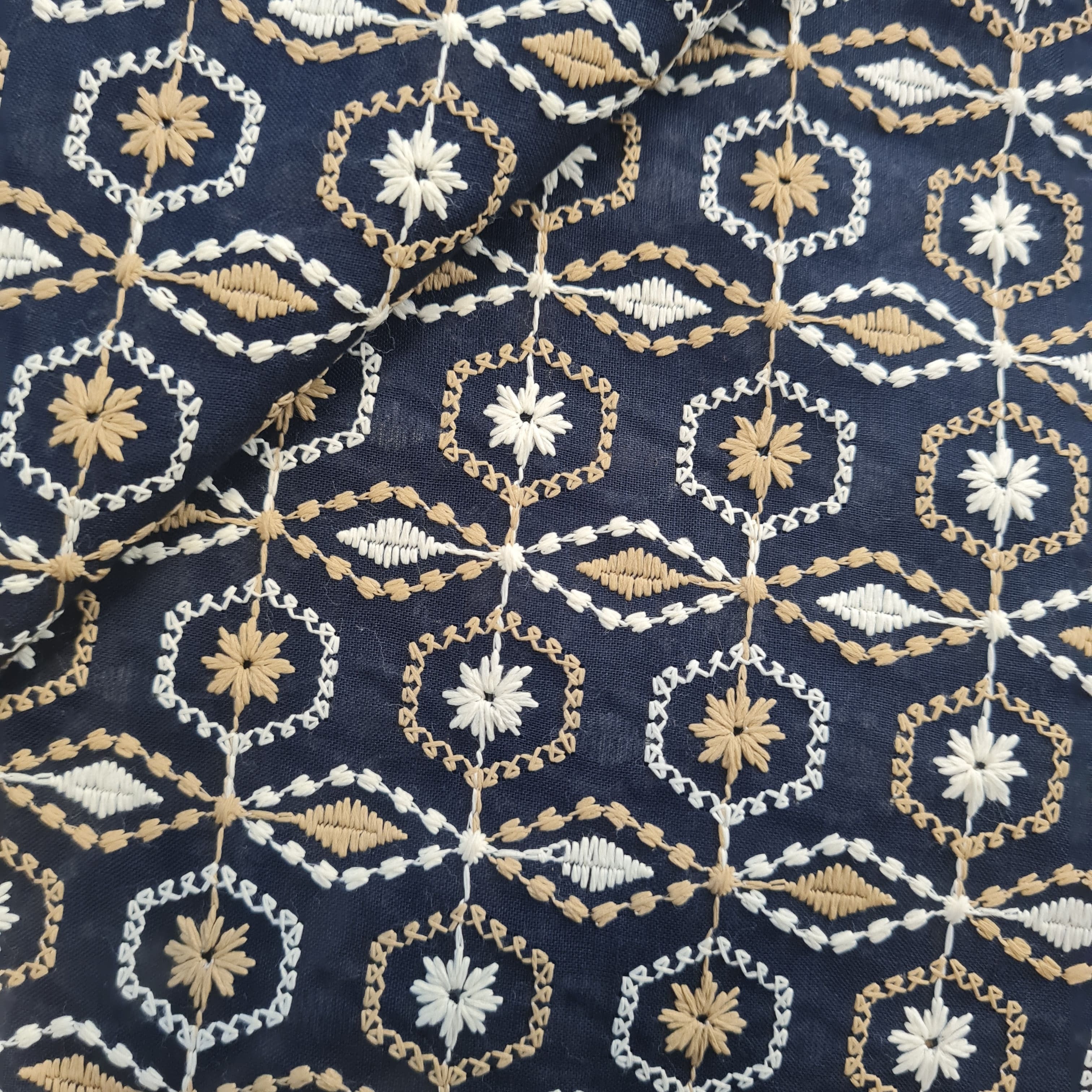 Navy Blue Thread Embroidery Cotton Fabric 17998