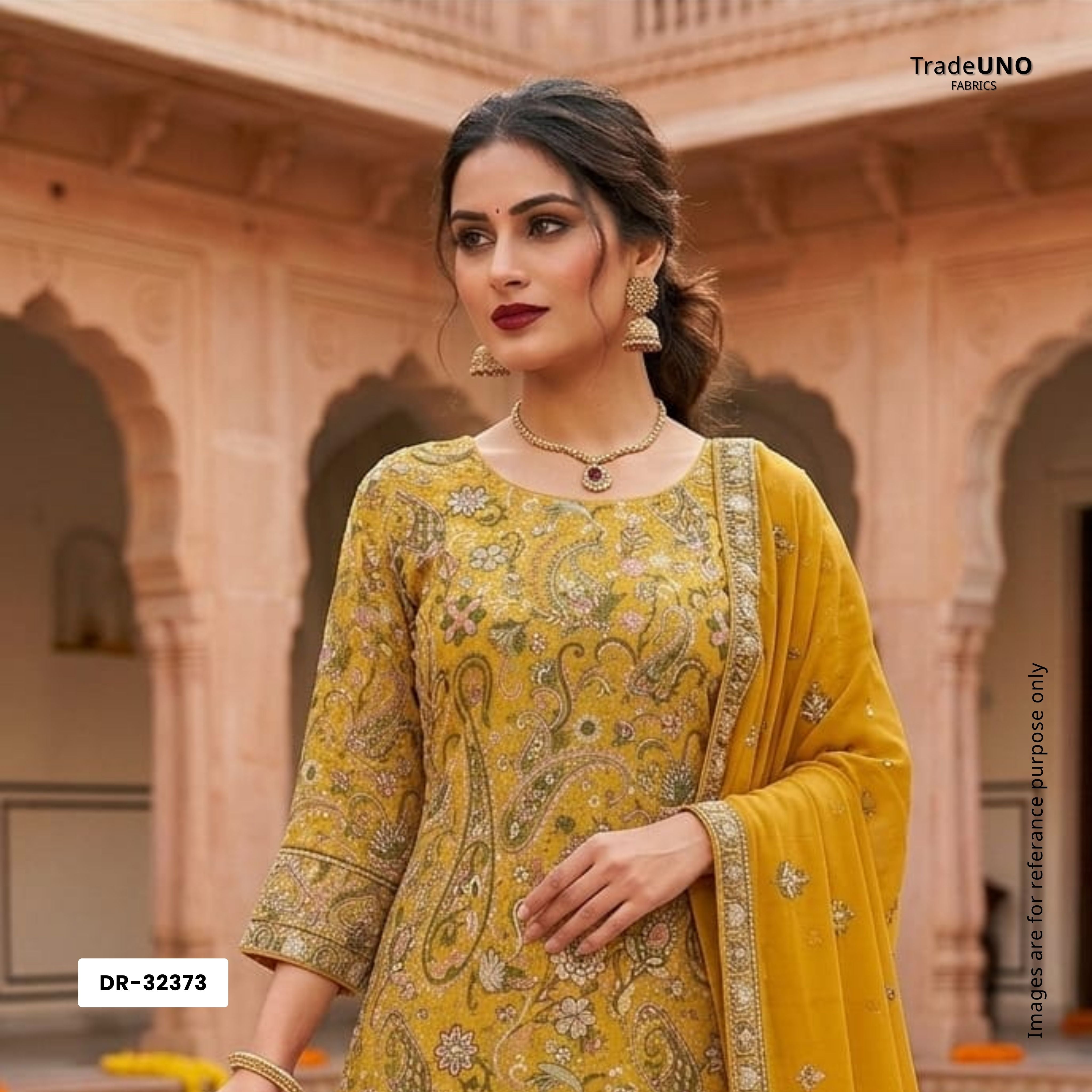 Yellow Kashmiri Paisley Embroidery Georgette Fabric DR-32373 - TradeUNO