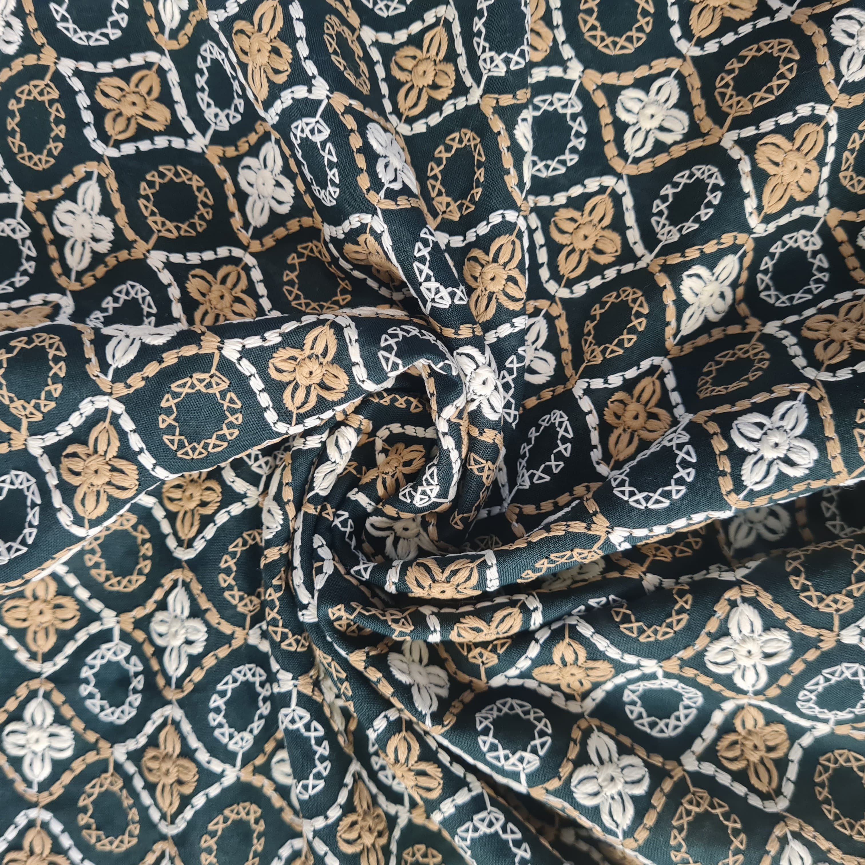 Dark Green Embroidery Cotton Fabric 18003