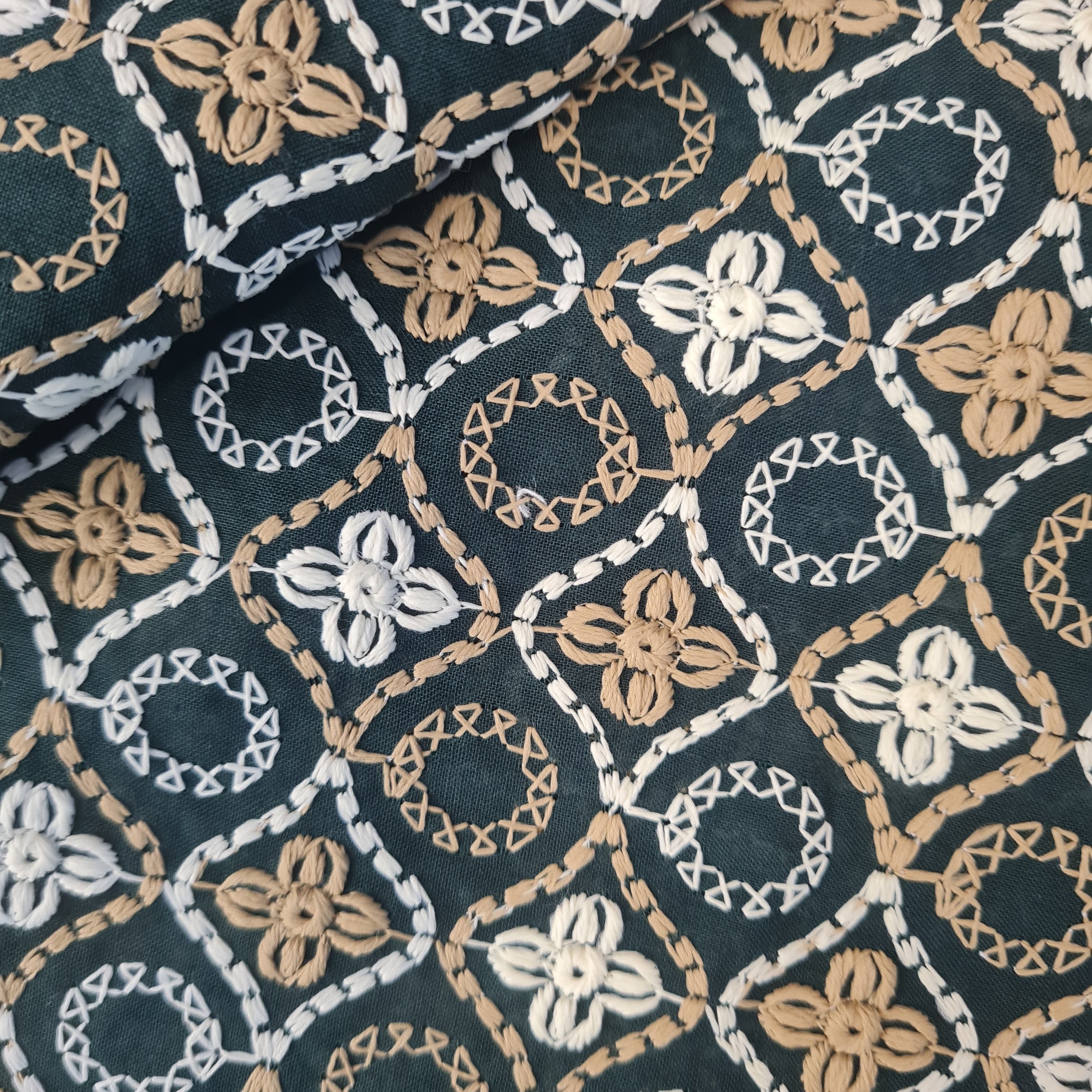 Dark Green Embroidery Cotton Fabric 18003