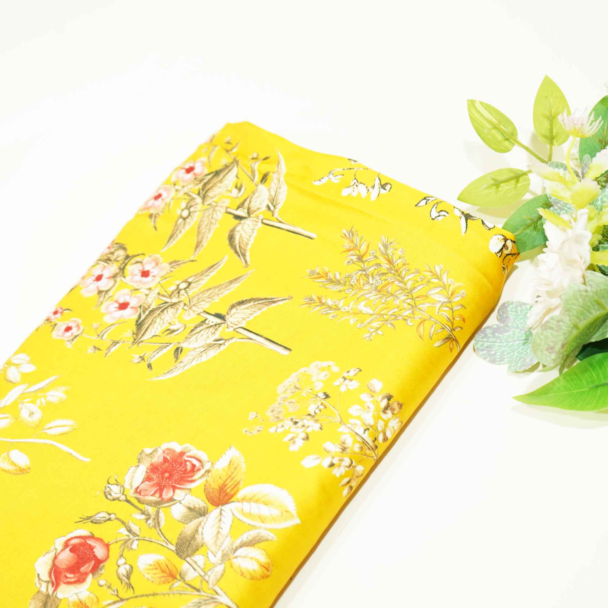Mustard Floral Print Bemberg Gaji Silk Fabric 02030 GT-18021