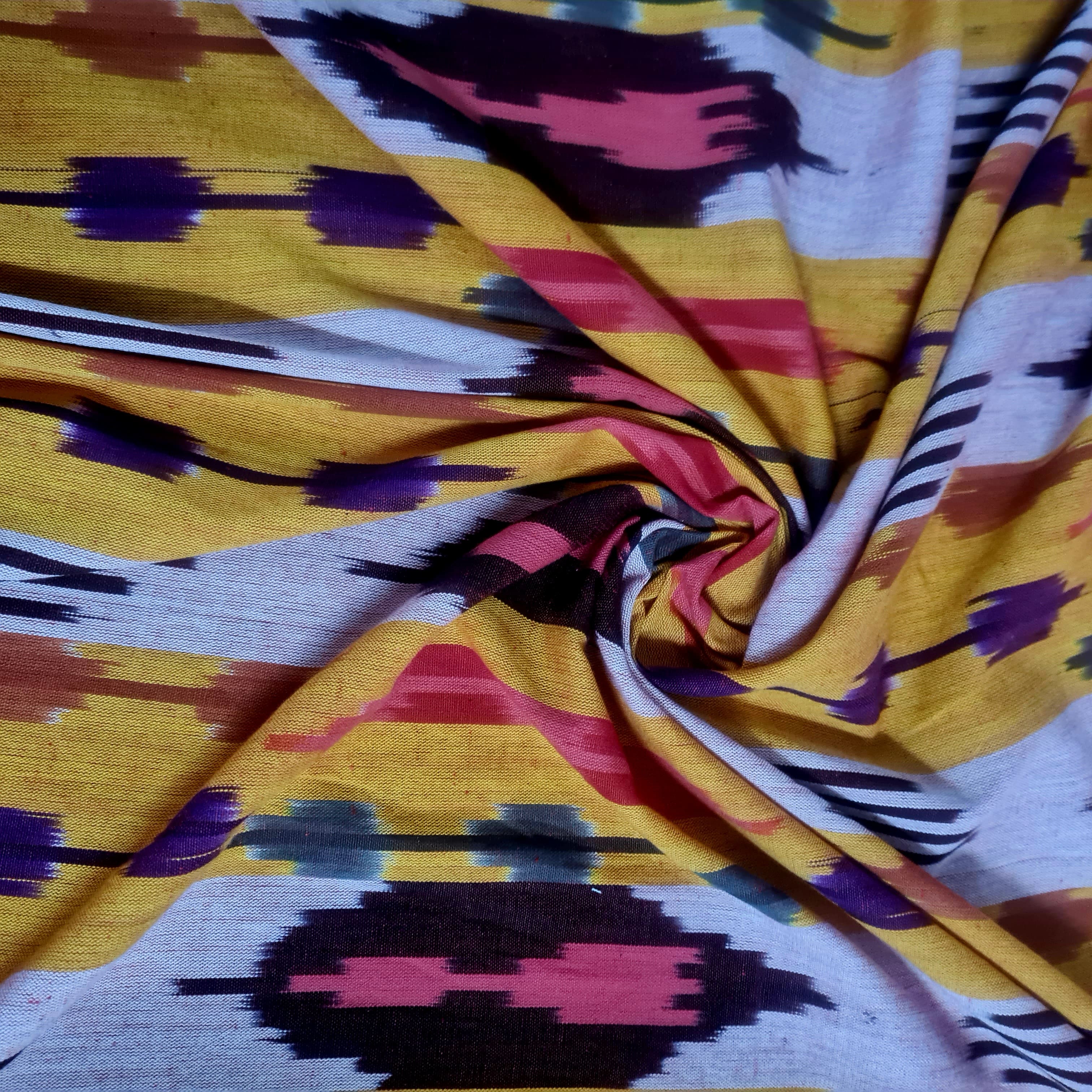 Yellow & Multicolor Ikkat Print Cotton Fabric 18134