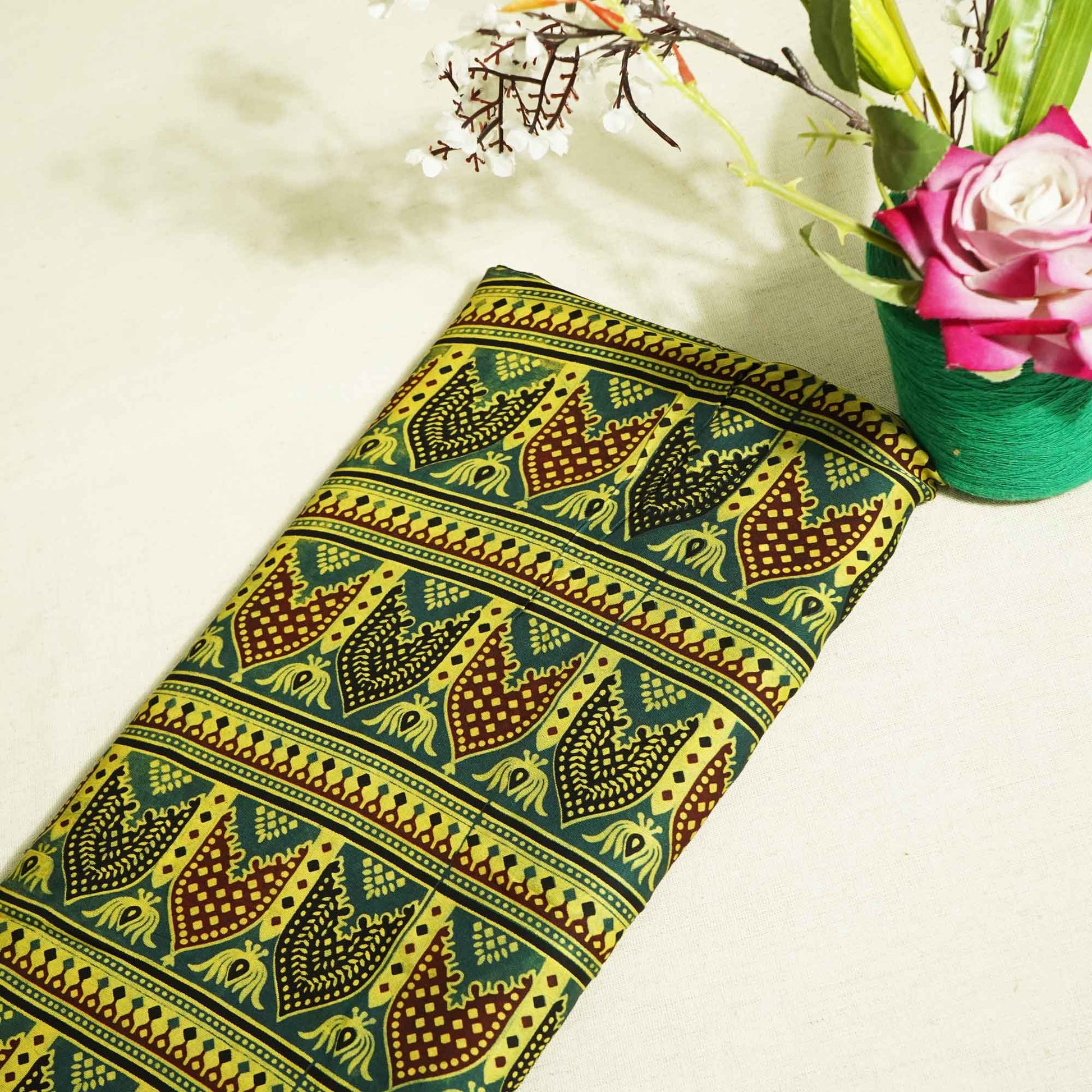 Green Ajrakh Print Modal Satin Fabric 0070 18172