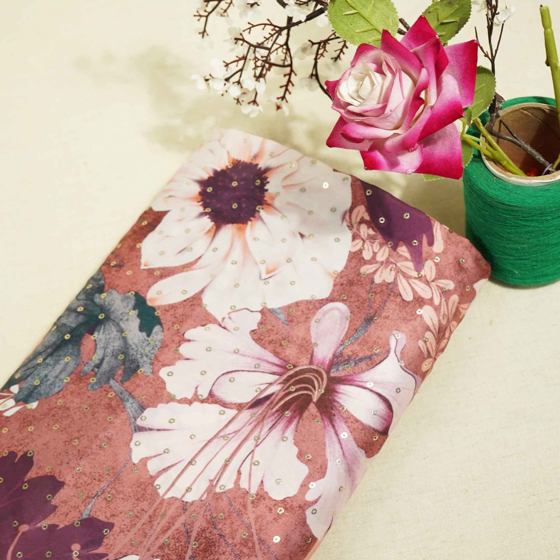 Brown Floral Foil Work Georgette Satin Fabric 128 SS-18376
