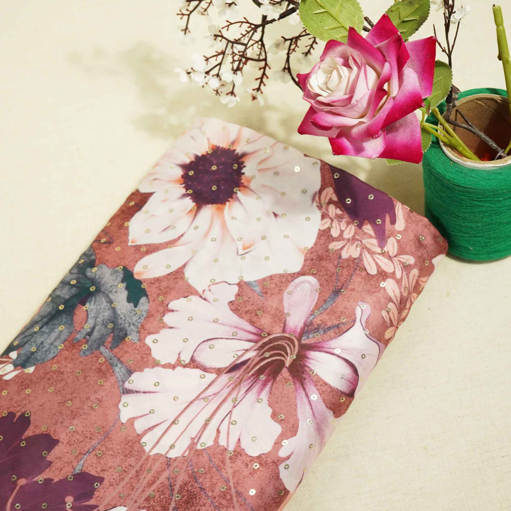 Brown Floral Foil Work Georgette Satin Fabric 128 SS-18376