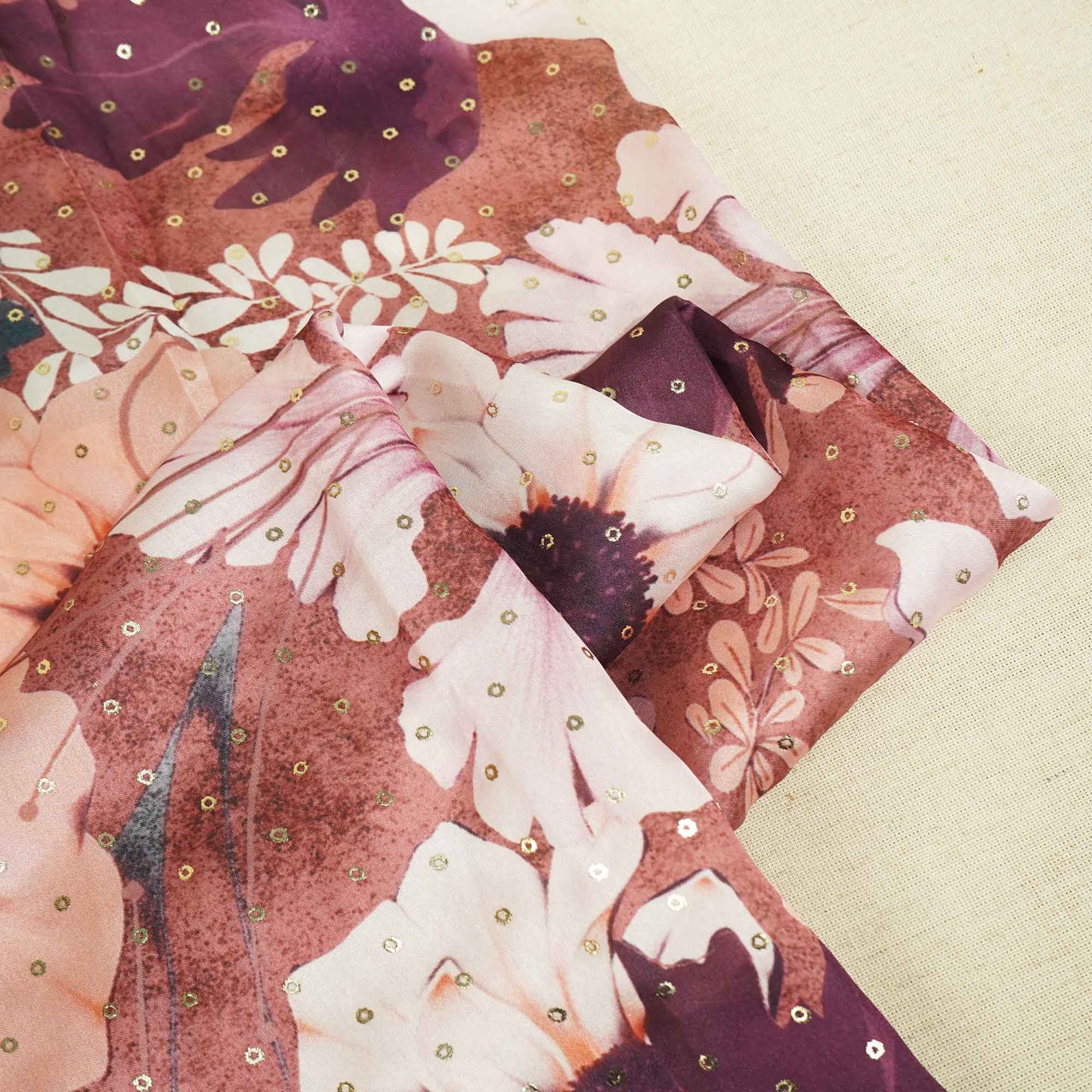 Brown Floral Foil Work Georgette Satin Fabric 128 SS-18376