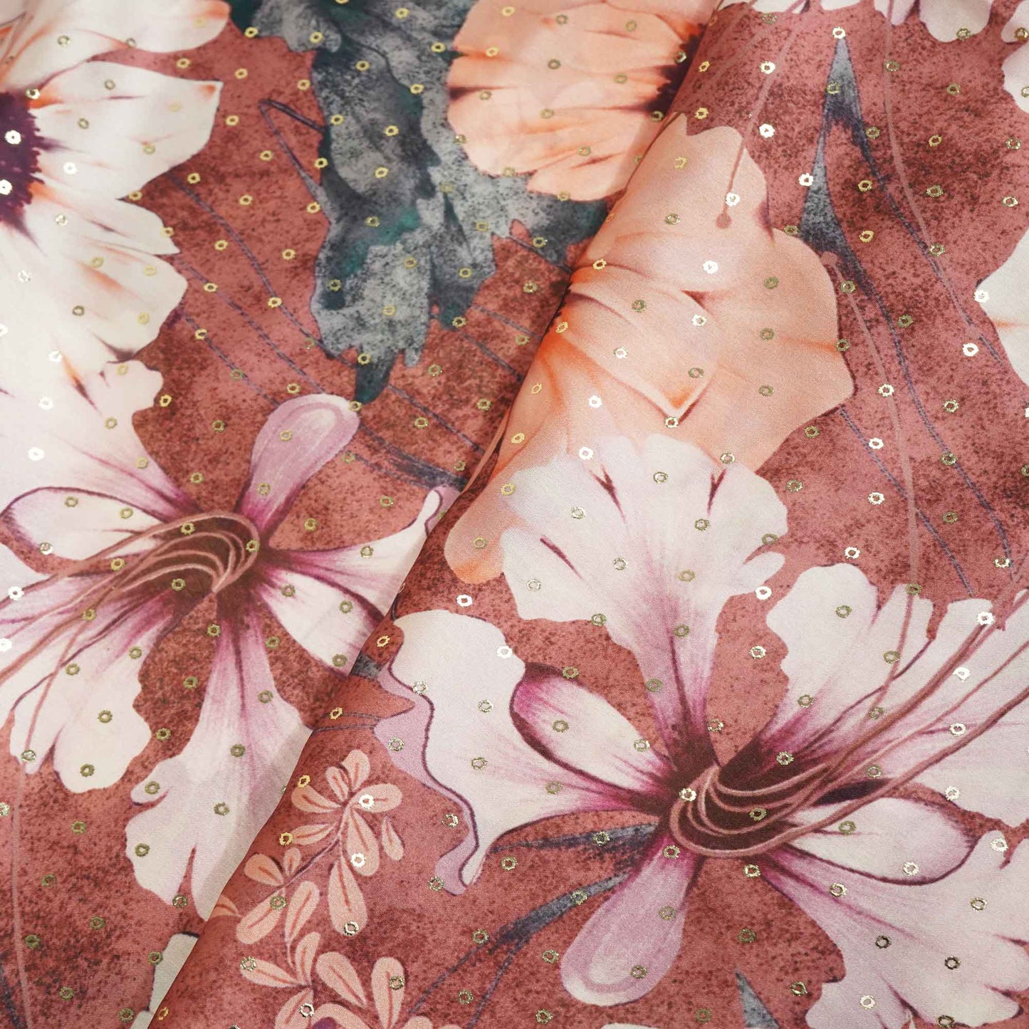 Brown Floral Foil Work Georgette Satin Fabric 128 SS-18376
