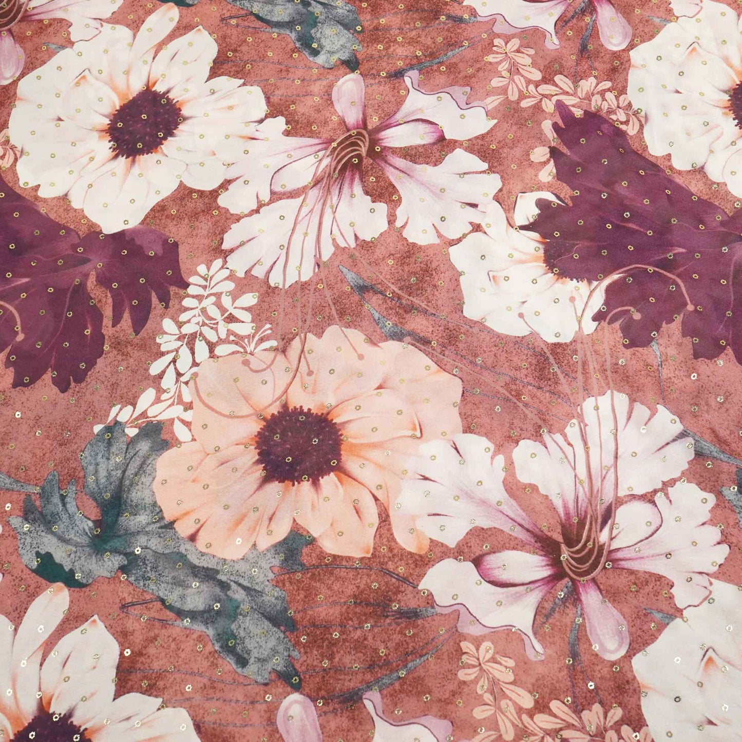 Brown Floral Foil Work Georgette Satin Fabric 128 SS-18376