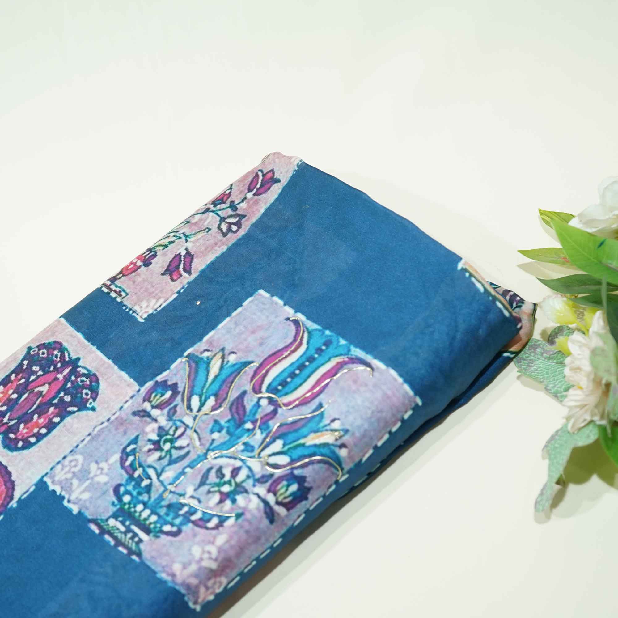 Blue Floral Foil Work Georgette Satin Fabric 133 SS-18381