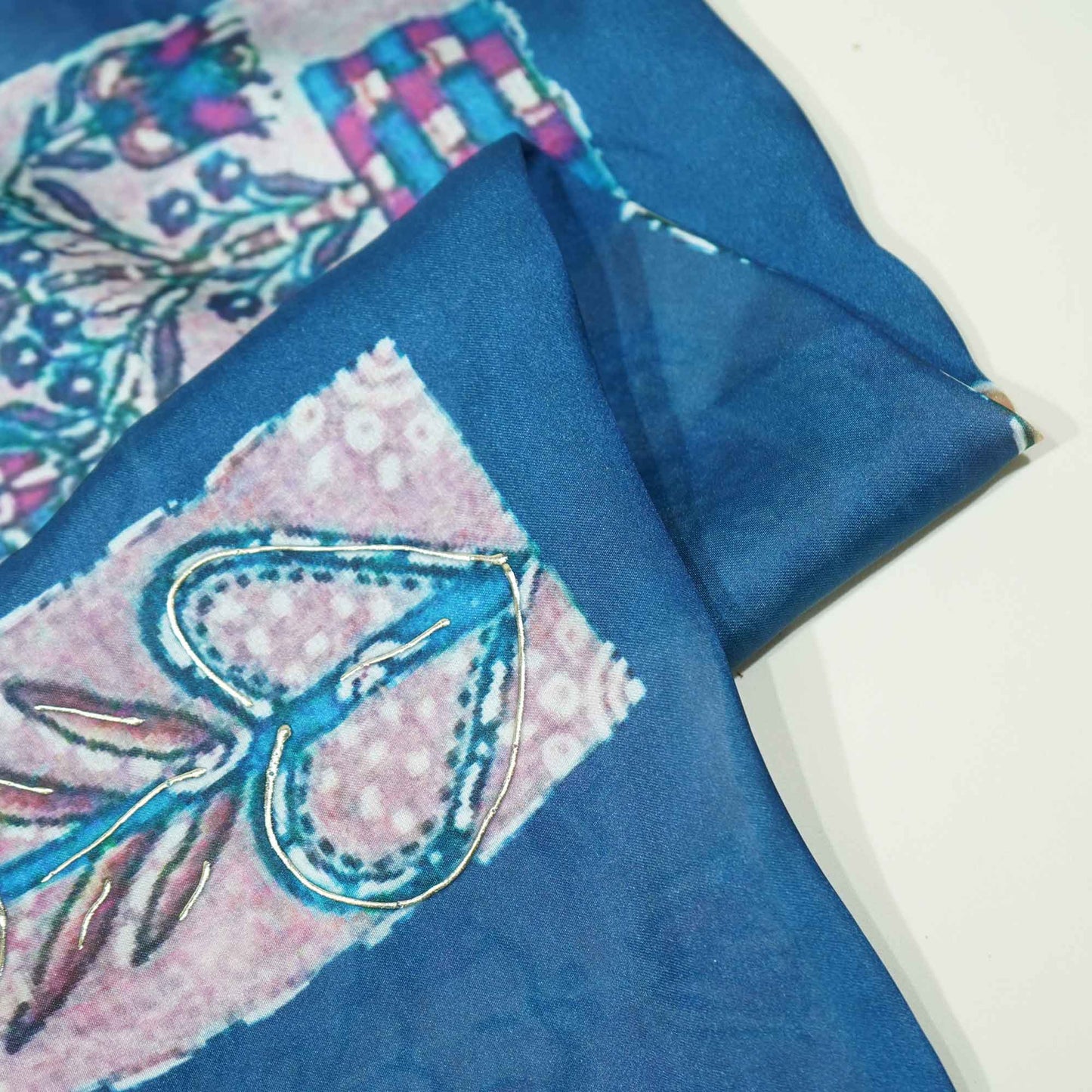 Blue Floral Foil Work Georgette Satin Fabric 133 SS-18381