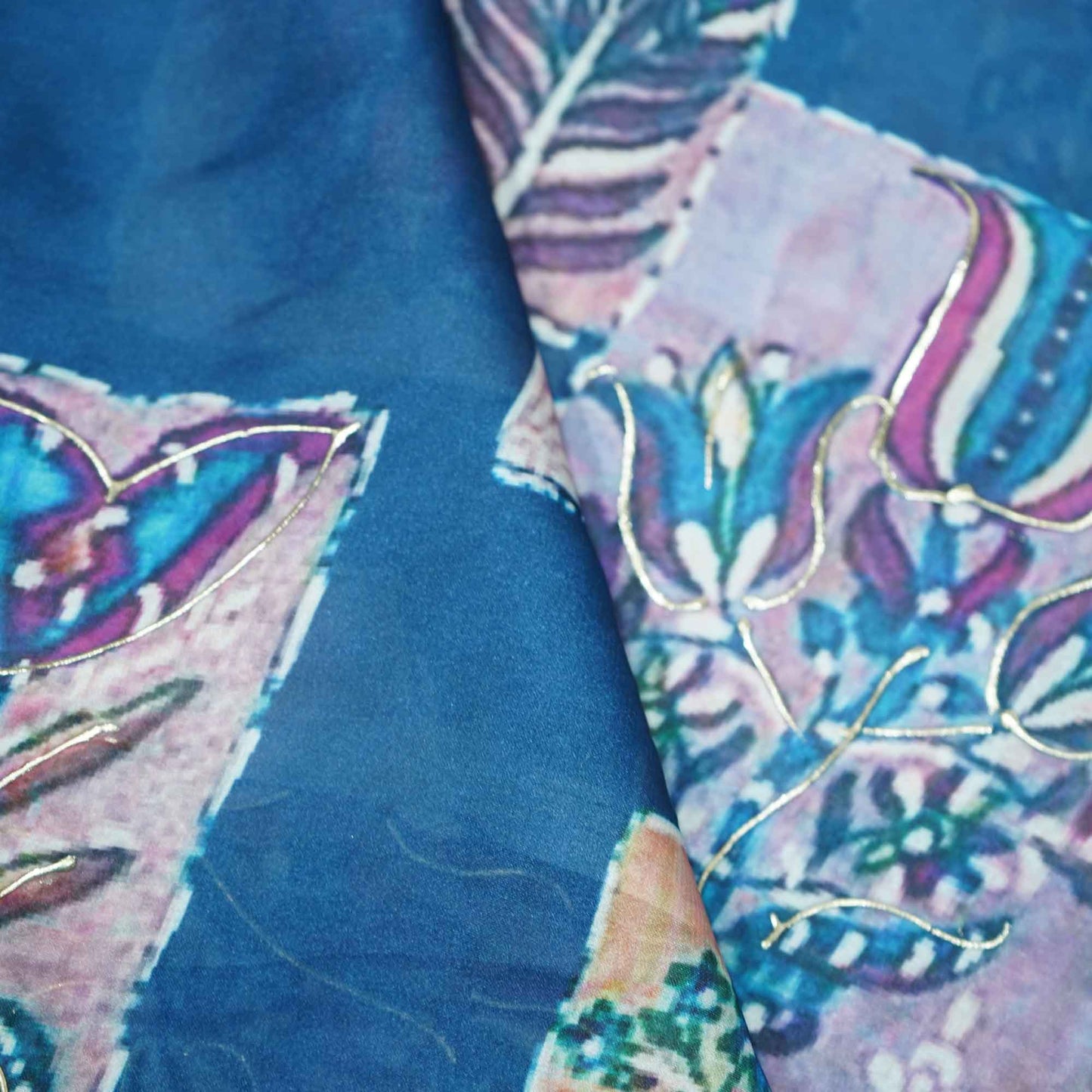 Blue Floral Foil Work Georgette Satin Fabric 133 SS-18381