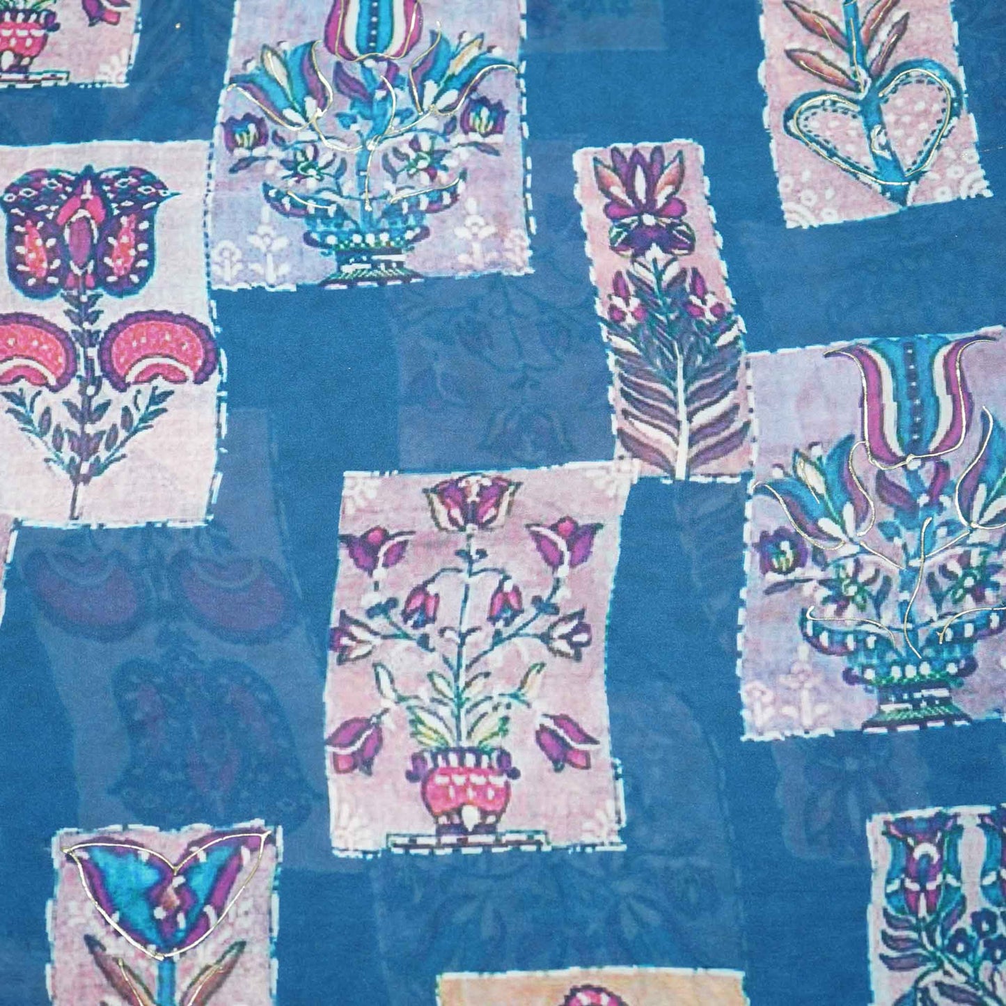 Blue Floral Foil Work Georgette Satin Fabric 133 SS-18381