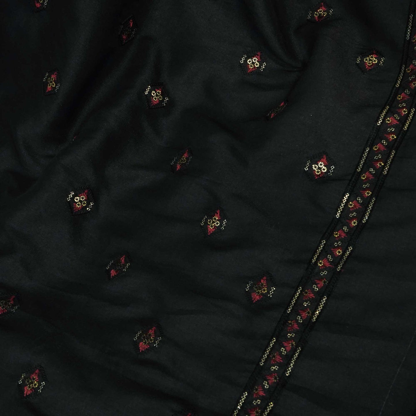 Black Sequins Thread Embroidery Russian Silk Fabric 5959 SB-18449