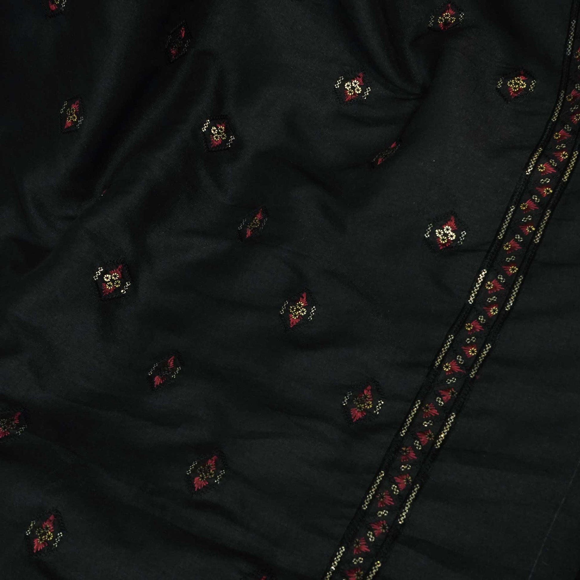 Black Sequins Thread Embroidery Russian Silk Fabric 5959 SB-18449
