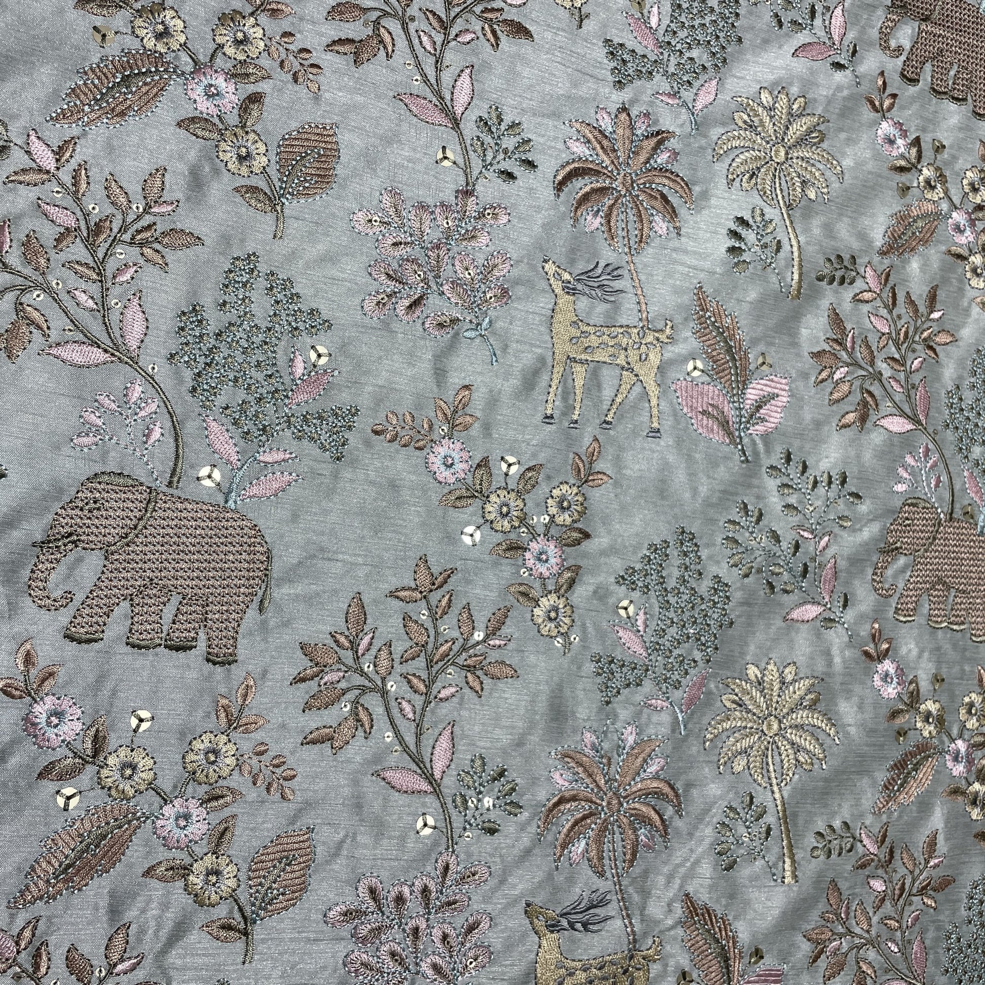 Grey Thread Embroidery Russian Silk Fabric 18450