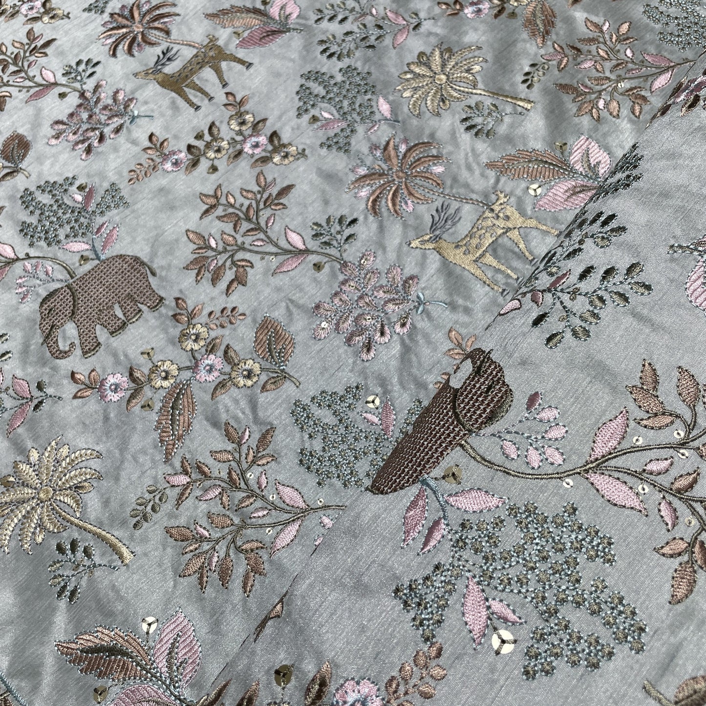 Grey Thread Embroidery Russian Silk Fabric 18450