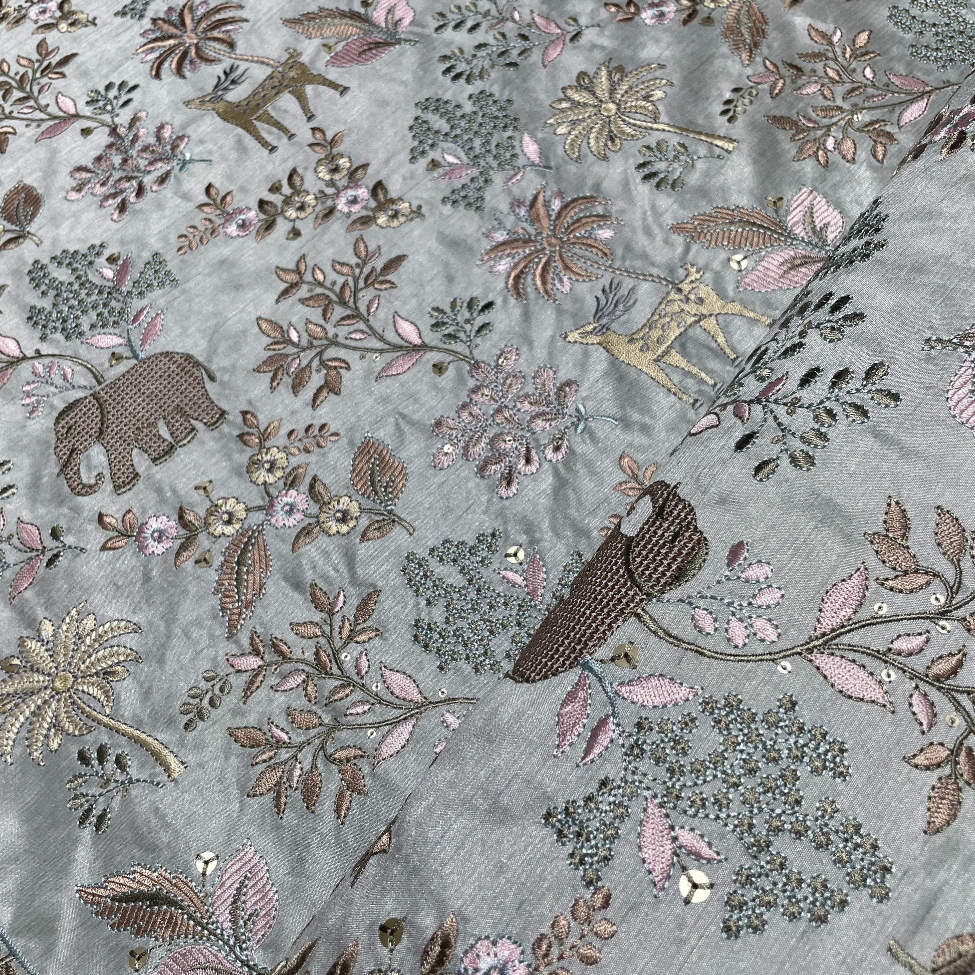 Grey Thread Embroidery Russian Silk Fabric 18450