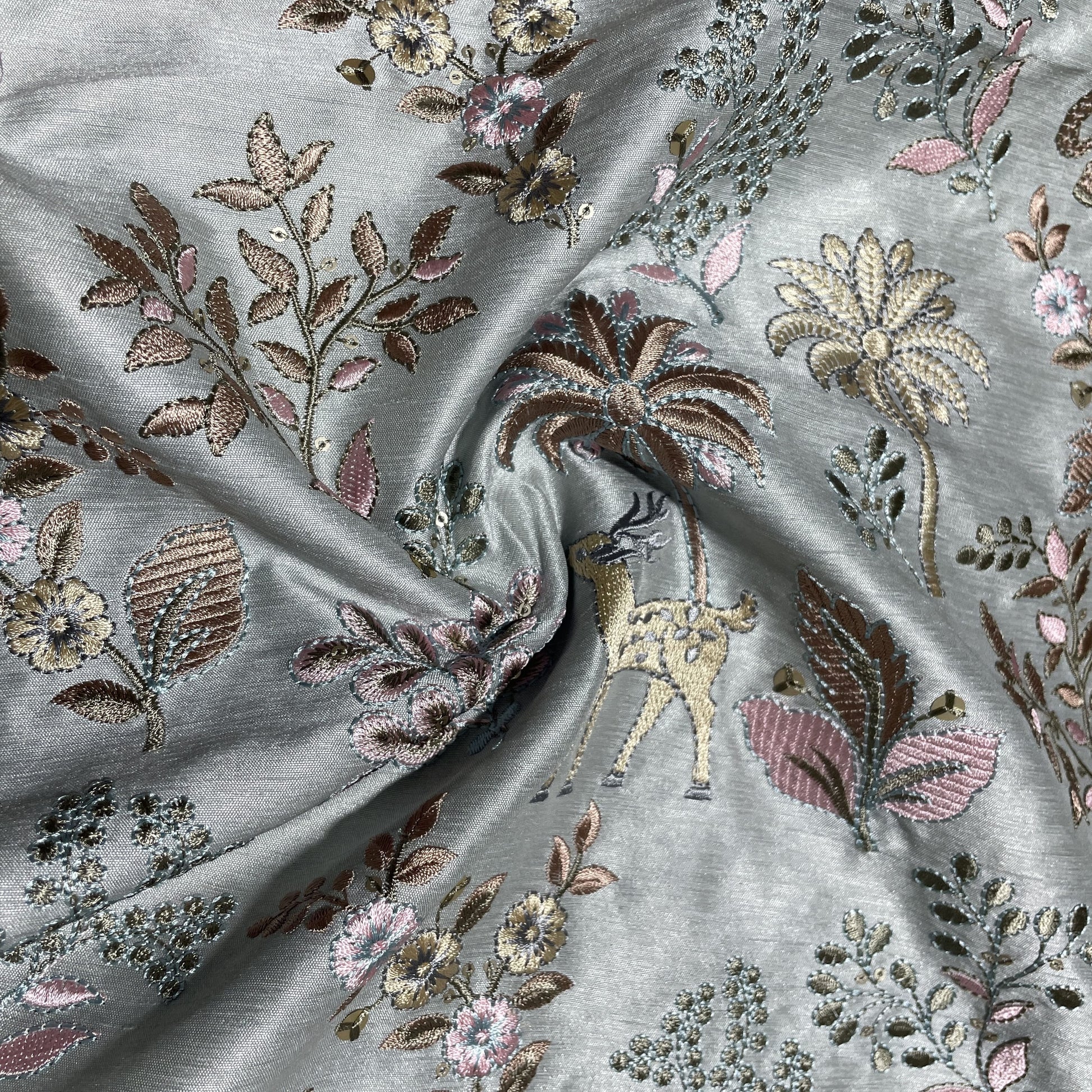 Grey Thread Embroidery Russian Silk Fabric 18450