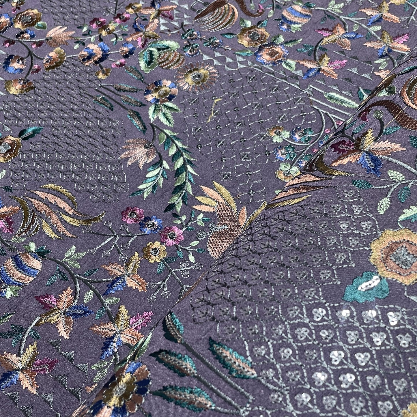 Purple Thread Embroidery Russian Silk Fabric 18451