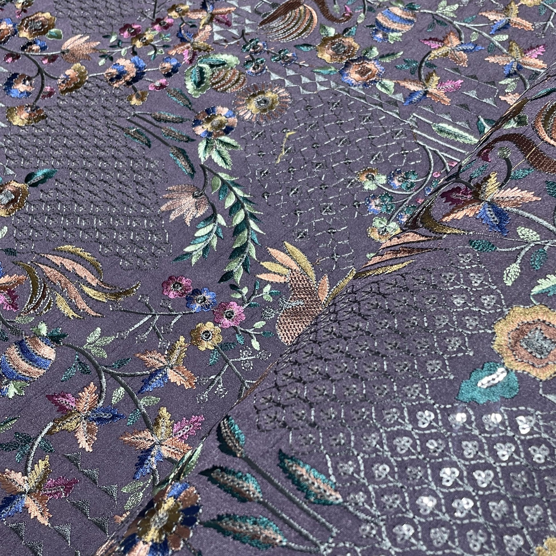 Purple Thread Embroidery Russian Silk Fabric 18451