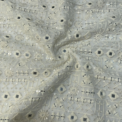 White Dyeable Mirror Embroidery Georgette Fabric 18526