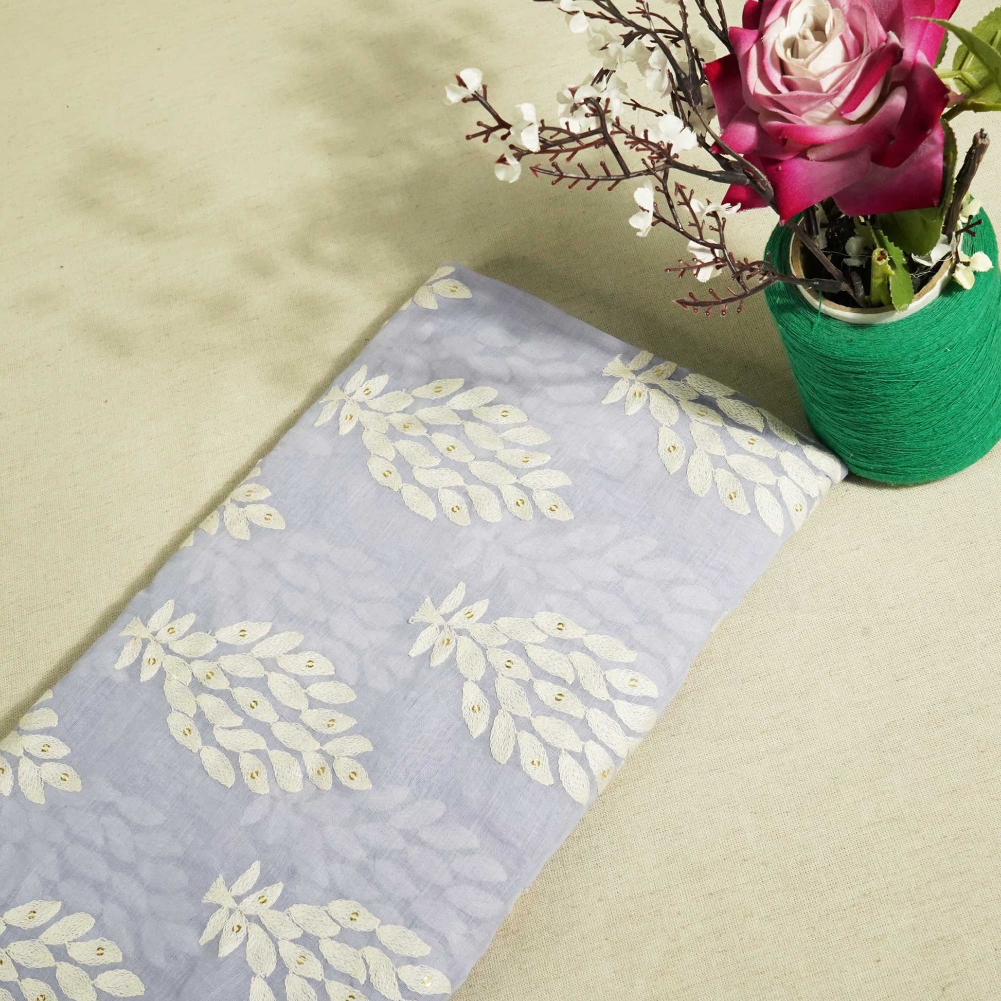 Purple Thread Embroidery Malai Chanderi Silk Fabric 0406-SN-18574