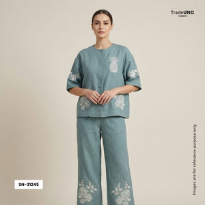 Dusty Denim thread embroidery Pure Linen Fabric SN-31245 - TradeUNO