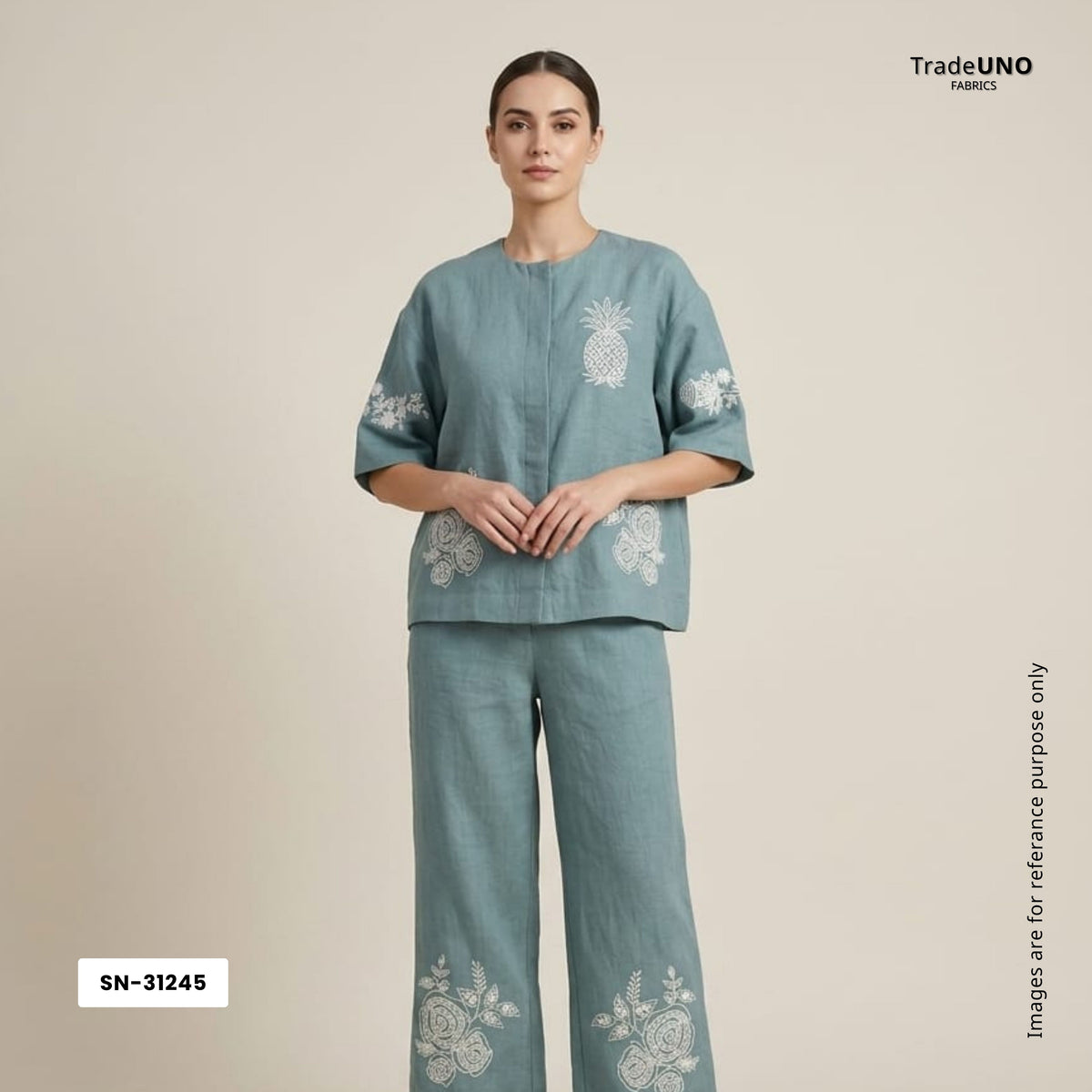 Dusty Denim thread embroidery Pure Linen Fabric SN-31245 - TradeUNO