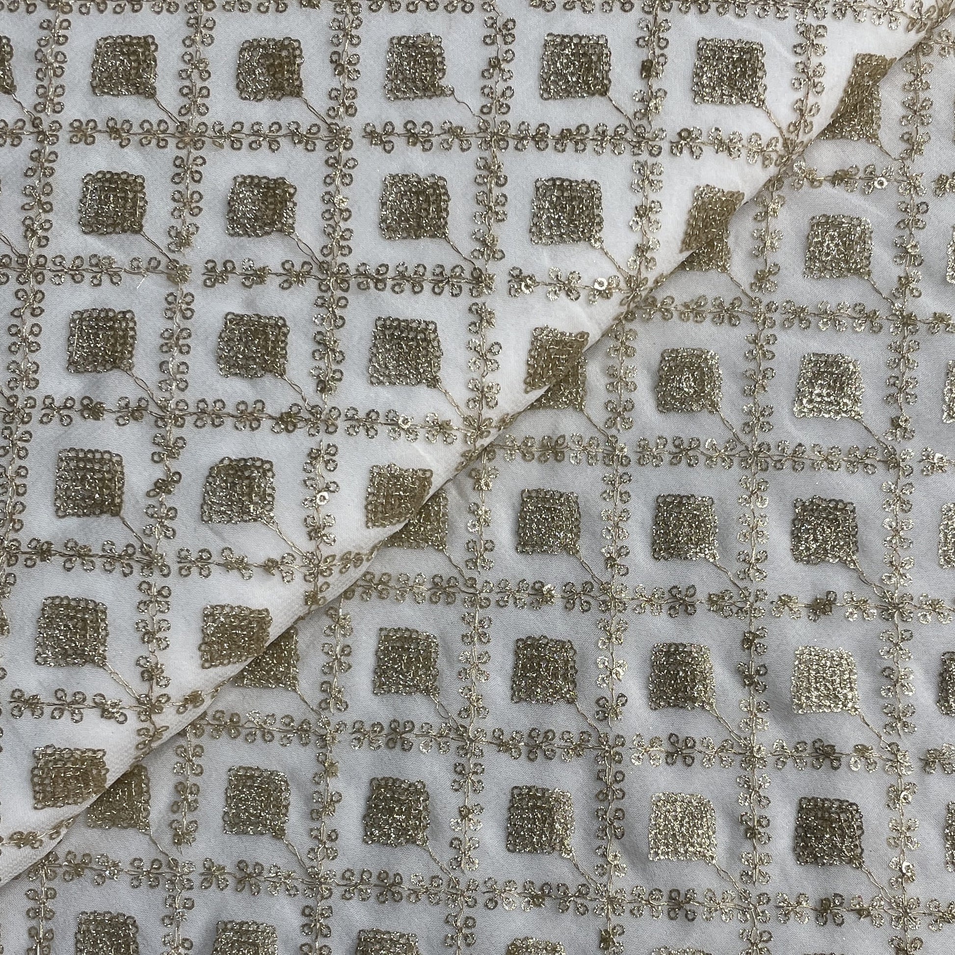 White Dyeable Gold Sequiens Embroidery Georgette Fabric 18788