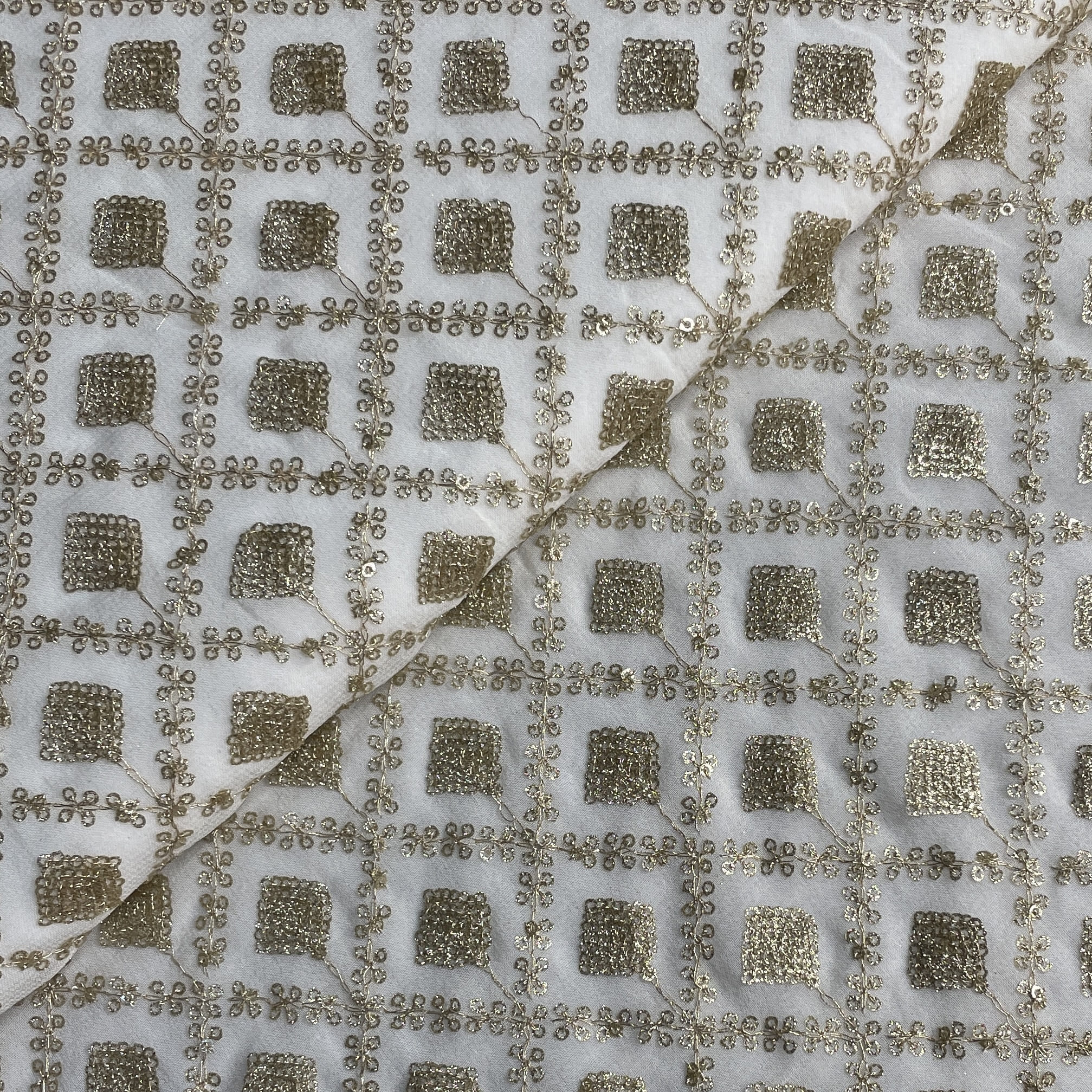 White Dyeable Gold Sequiens Embroidery Georgette Fabric 18788