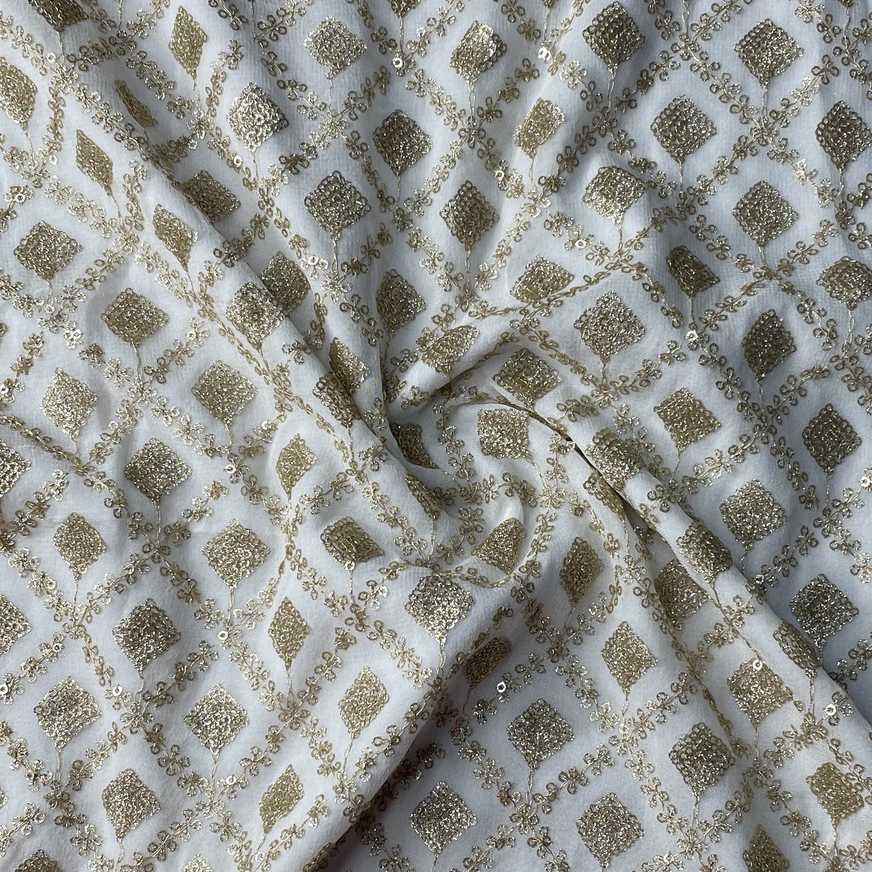 White Dyeable Gold Sequiens Embroidery Georgette Fabric 18788