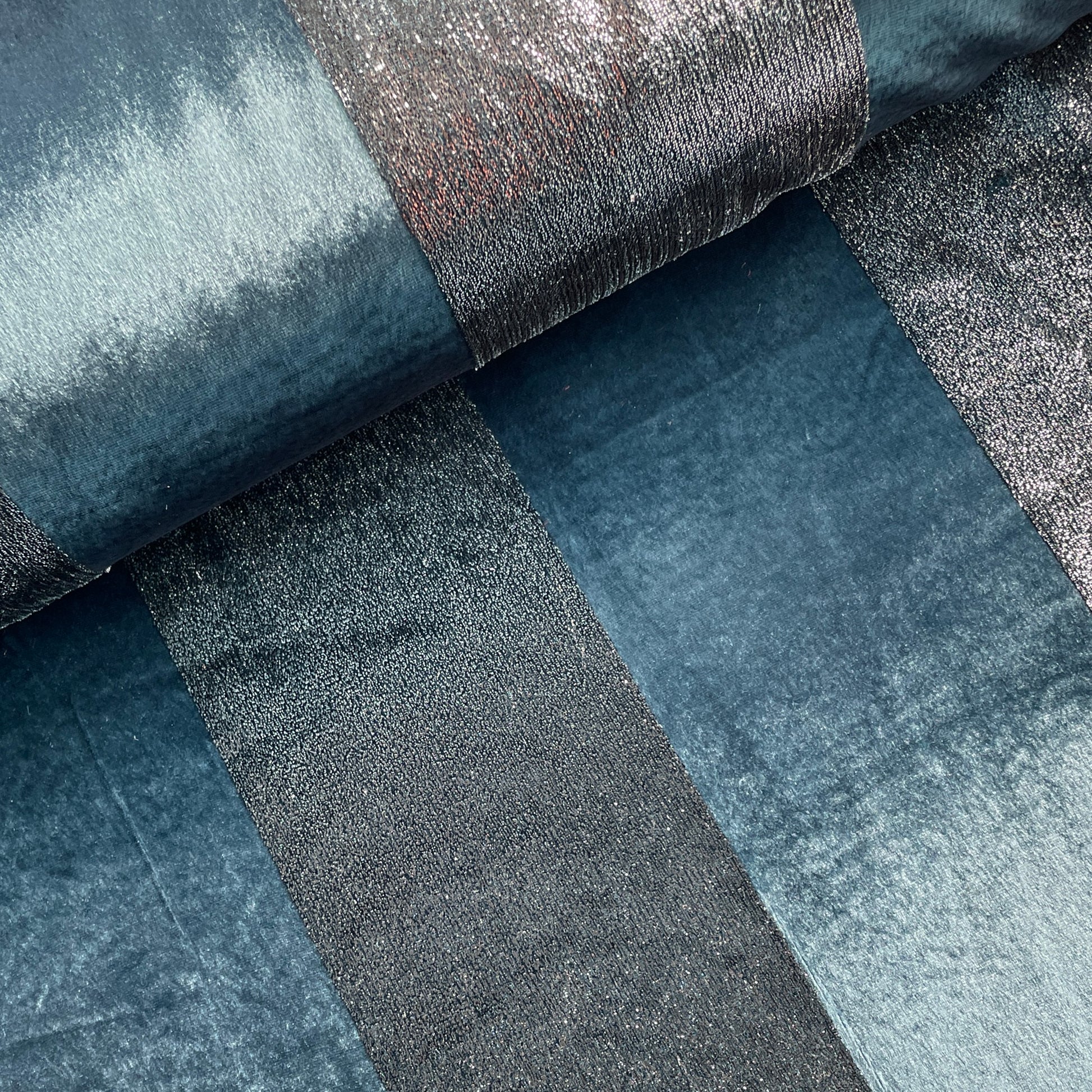 Blue Metalic Stripes Velvet Fabric