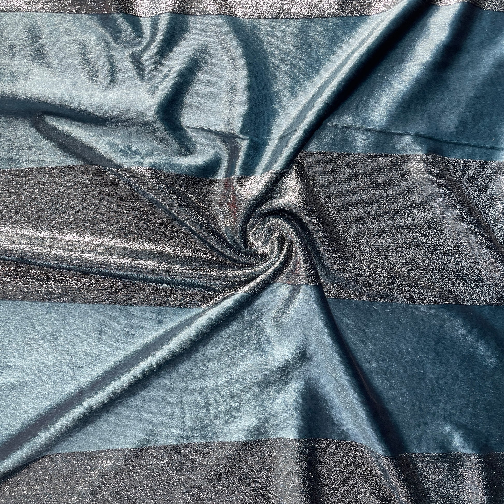 Blue Metalic Stripes Velvet Fabric
