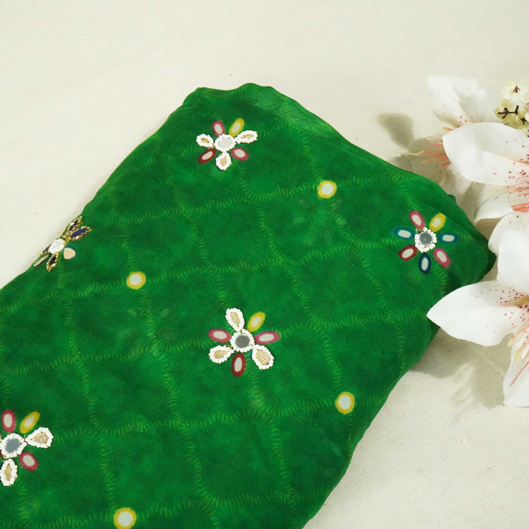 Green Pearl and Mirror hand Embroidery Organza Fabric 02355 GT-18816